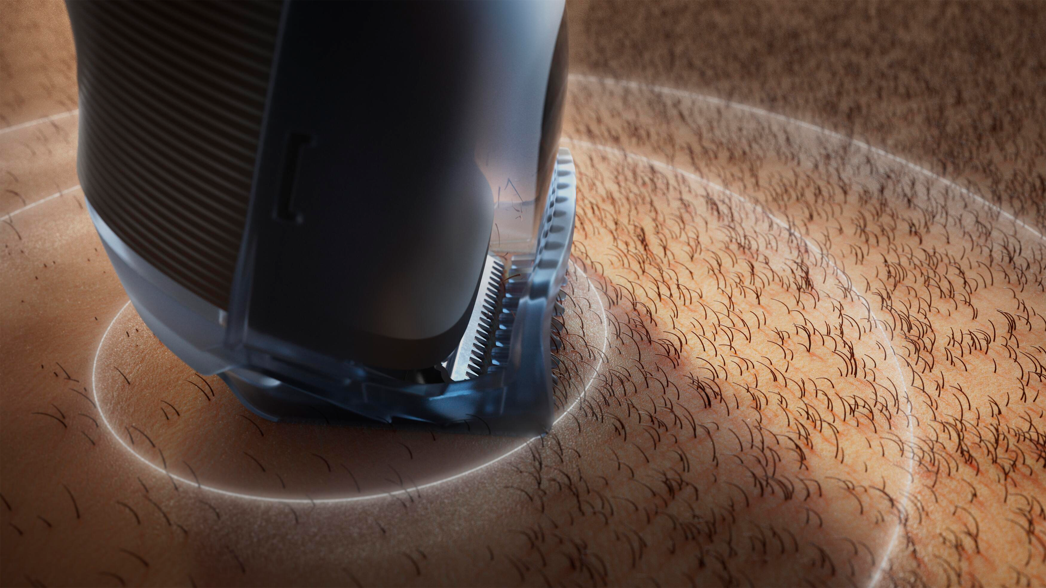 Zbliżenie golarki na skórze z włosami. Ostrza golarki są widoczne, otoczone świecącym pierścieniem.