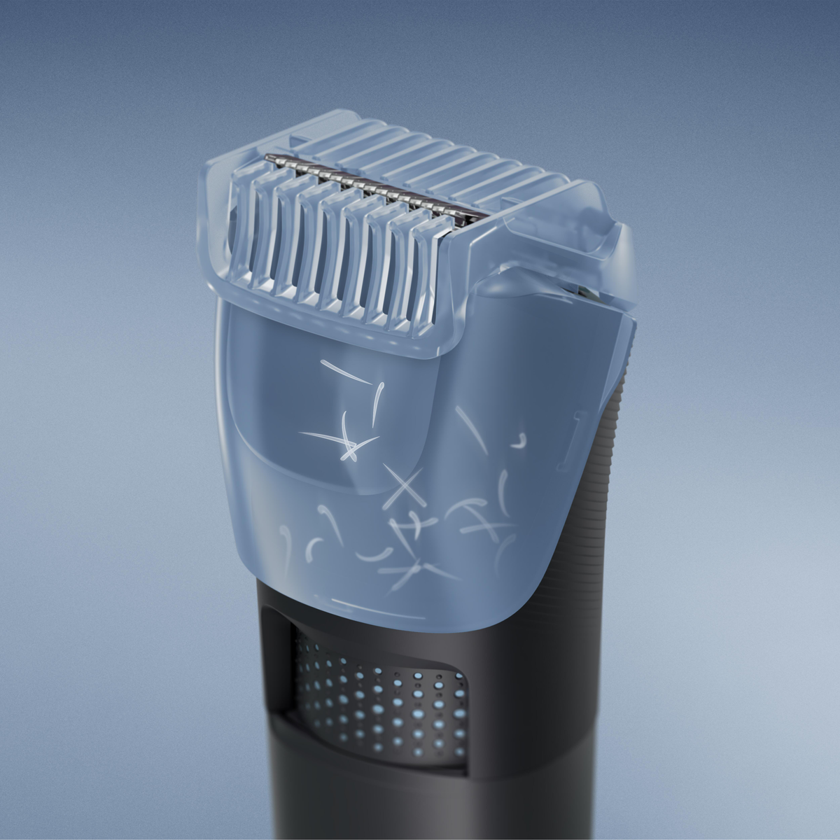 Zbliżenie głowicy trymera do brody. Przezroczysta niebieska plastikowa głowica ma w środku włosy. Korpus trymera jest czarny.