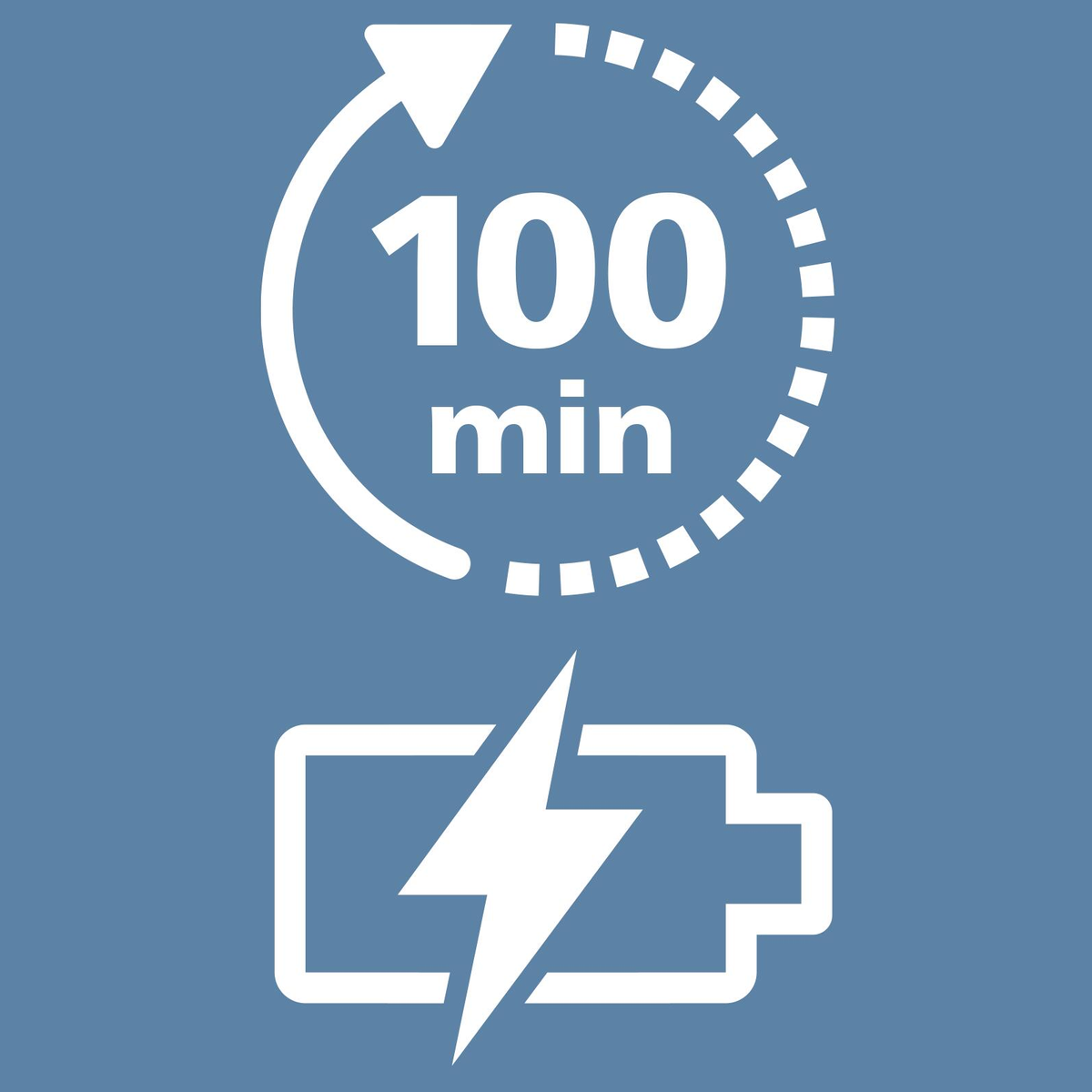 Białe ikony na niebieskim tle. Na górze zegar z 100 min, na dole bateria z błyskawicą.