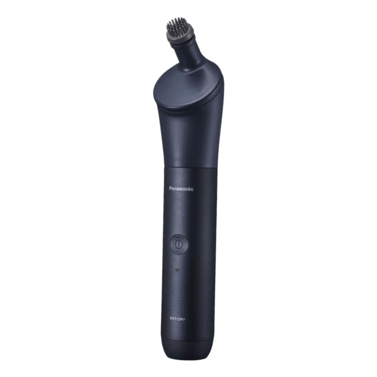 Ein dunkelblauer Panasonic-Nasenhaartrimmer. Er hat einen zylindrischen Körper, eine abgewinkelte Oberseite mit Trimmerkopf und einen Ein-/Ausschalter.
