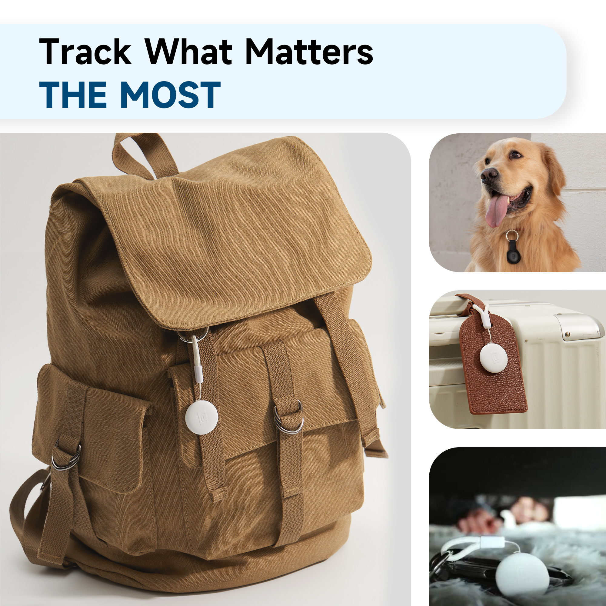 Das Bild zeigt einen Rucksack, einen Hund, ein Gepäckanhänger und Schlüssel, alle mit einem weißen Ortungsgerät versehen.