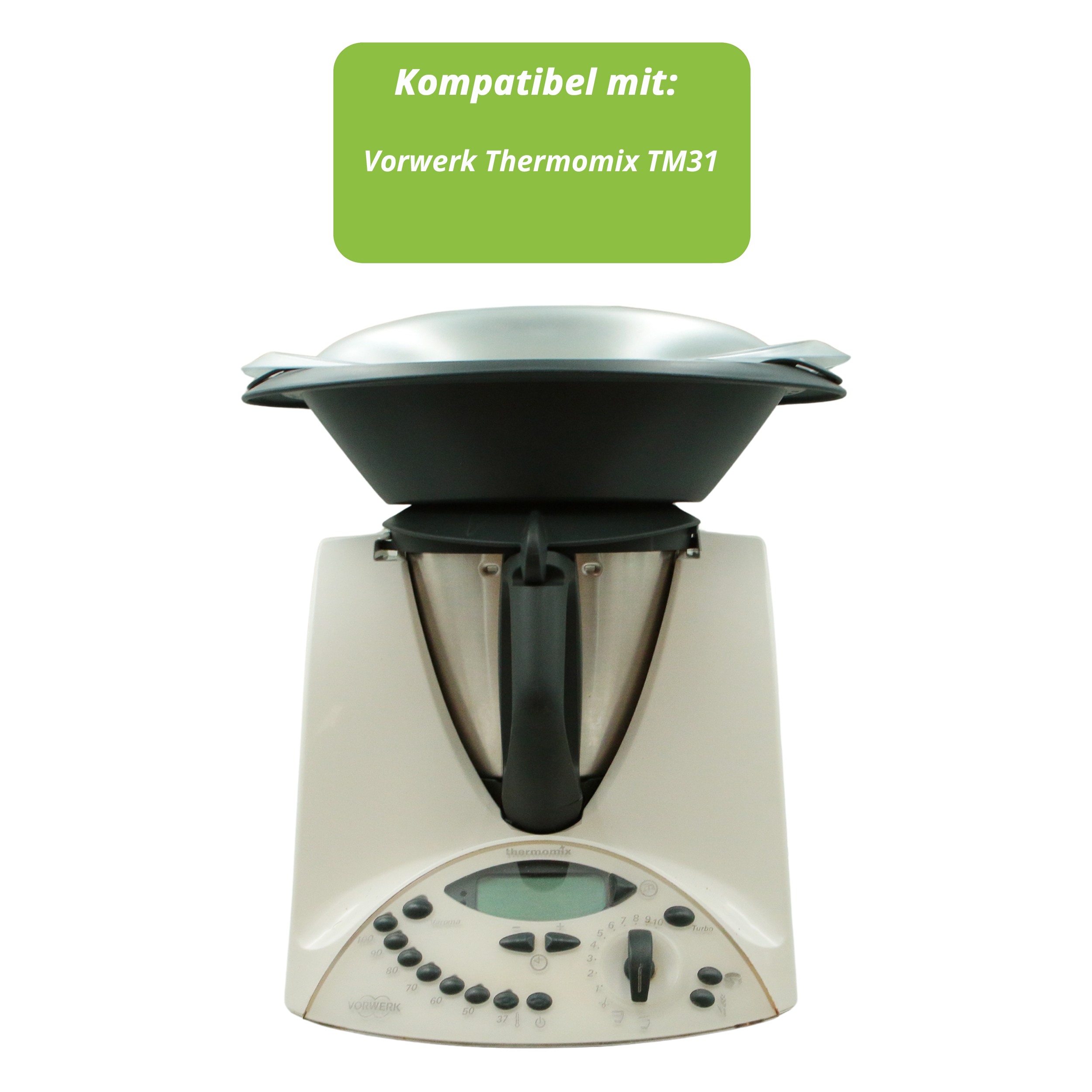 Ein Thermomix TM31 Küchengerät mit schwarzem Deckel. Ein grünes Rechteck zeigt Kompatibilität an.