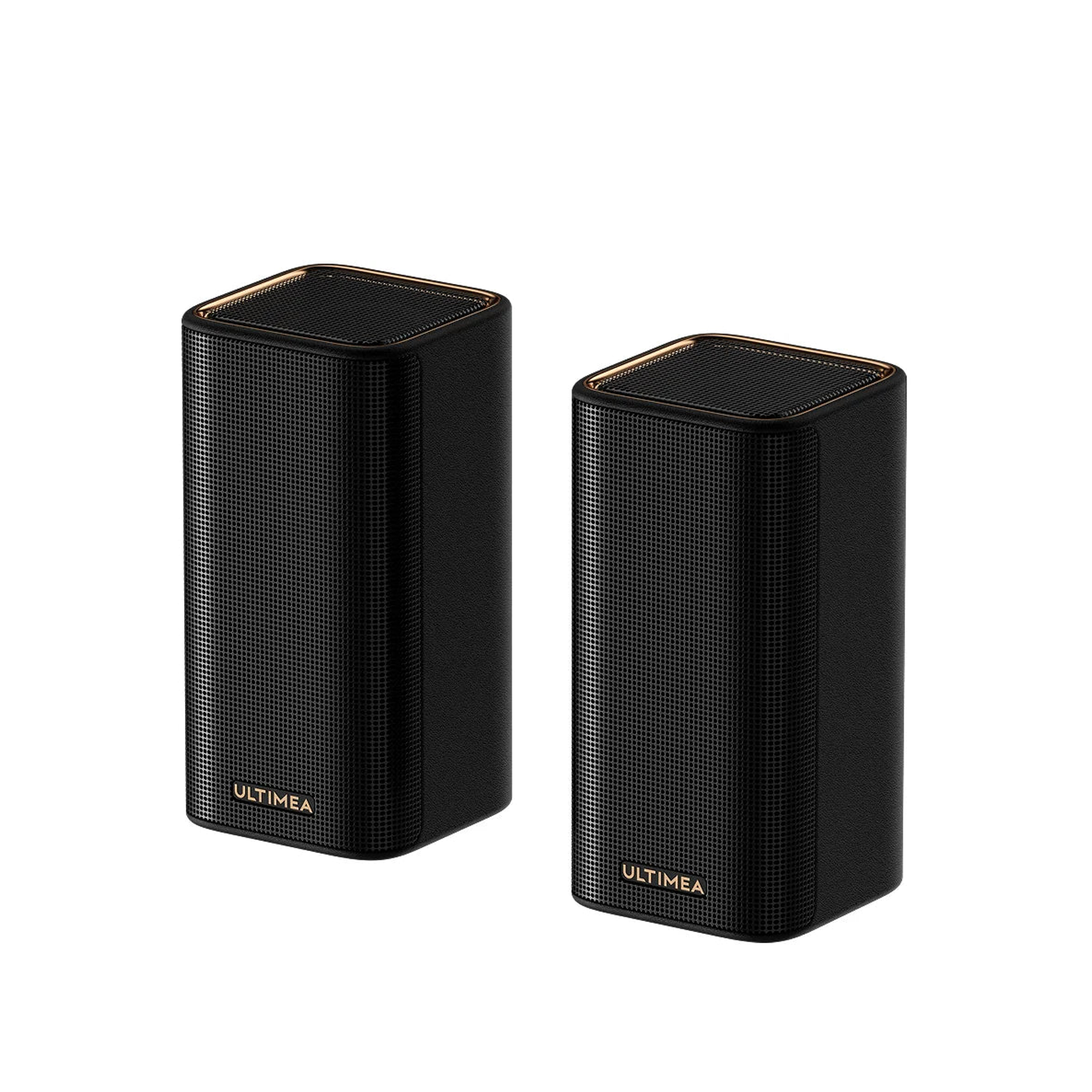 Dwa czarne głośniki ze złotymi wykończeniami. Design kratki. Widoczne logo 'ULTIMEA'. Białe tło.