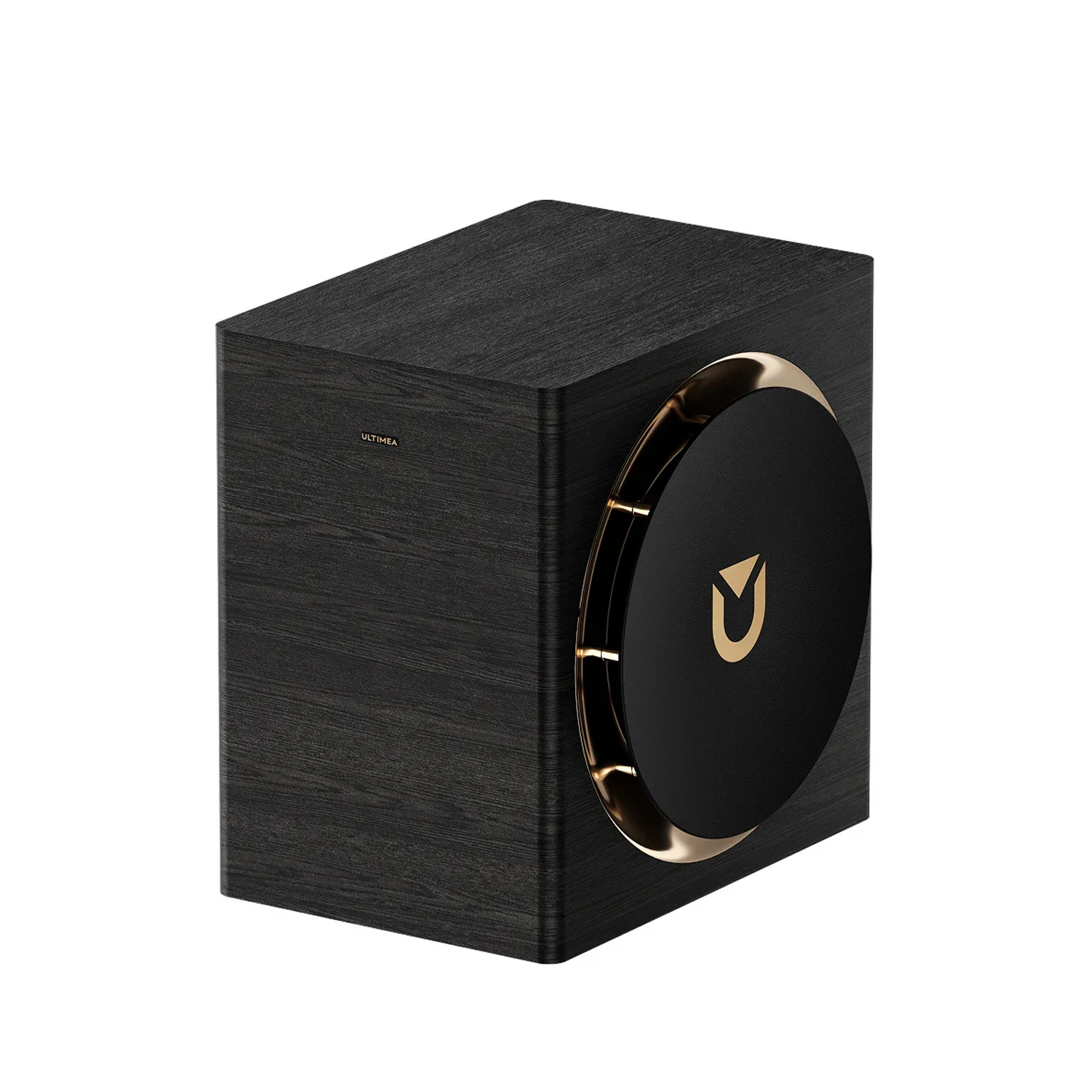 Czarny subwoofer ze złotą obwódką wokół głośnika. Nazwa marki 'ULTIMEA' jest wydrukowana z boku.