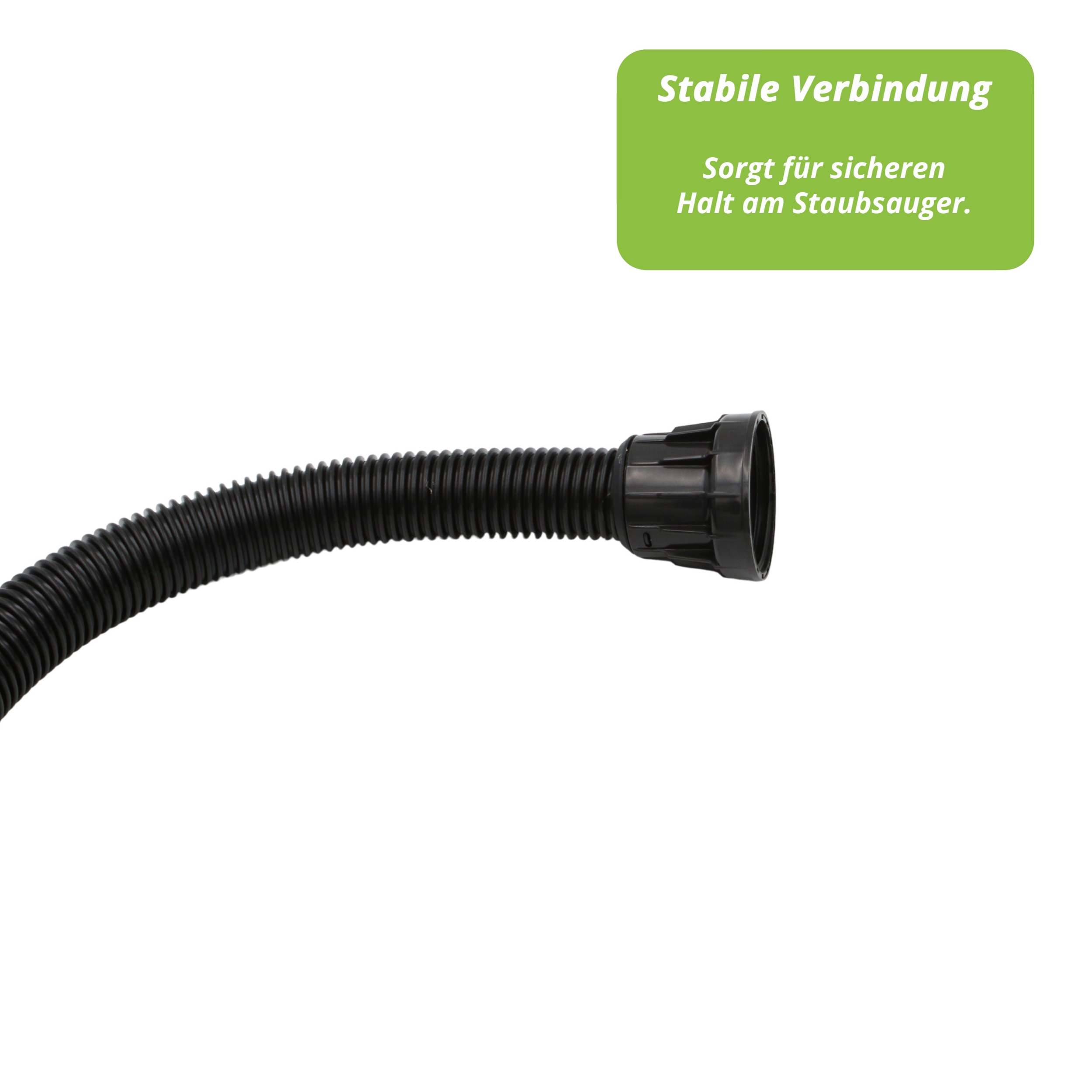 Ein schwarzer Wellschlauch mit einem schwarzen Anschluss vor weißem Hintergrund. Oben ein grüner Kasten mit weißem Text.