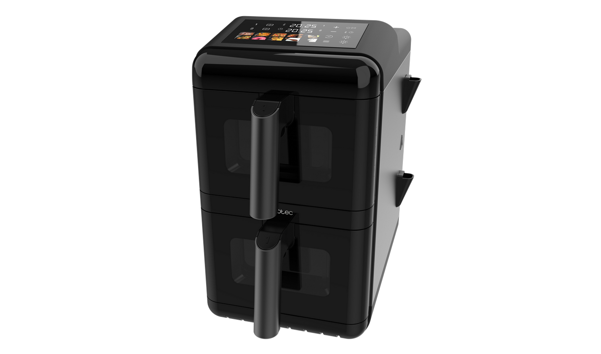 Friggitrice ad aria nera con due scomparti e maniglie, display digitale con ora e interfaccia touch.