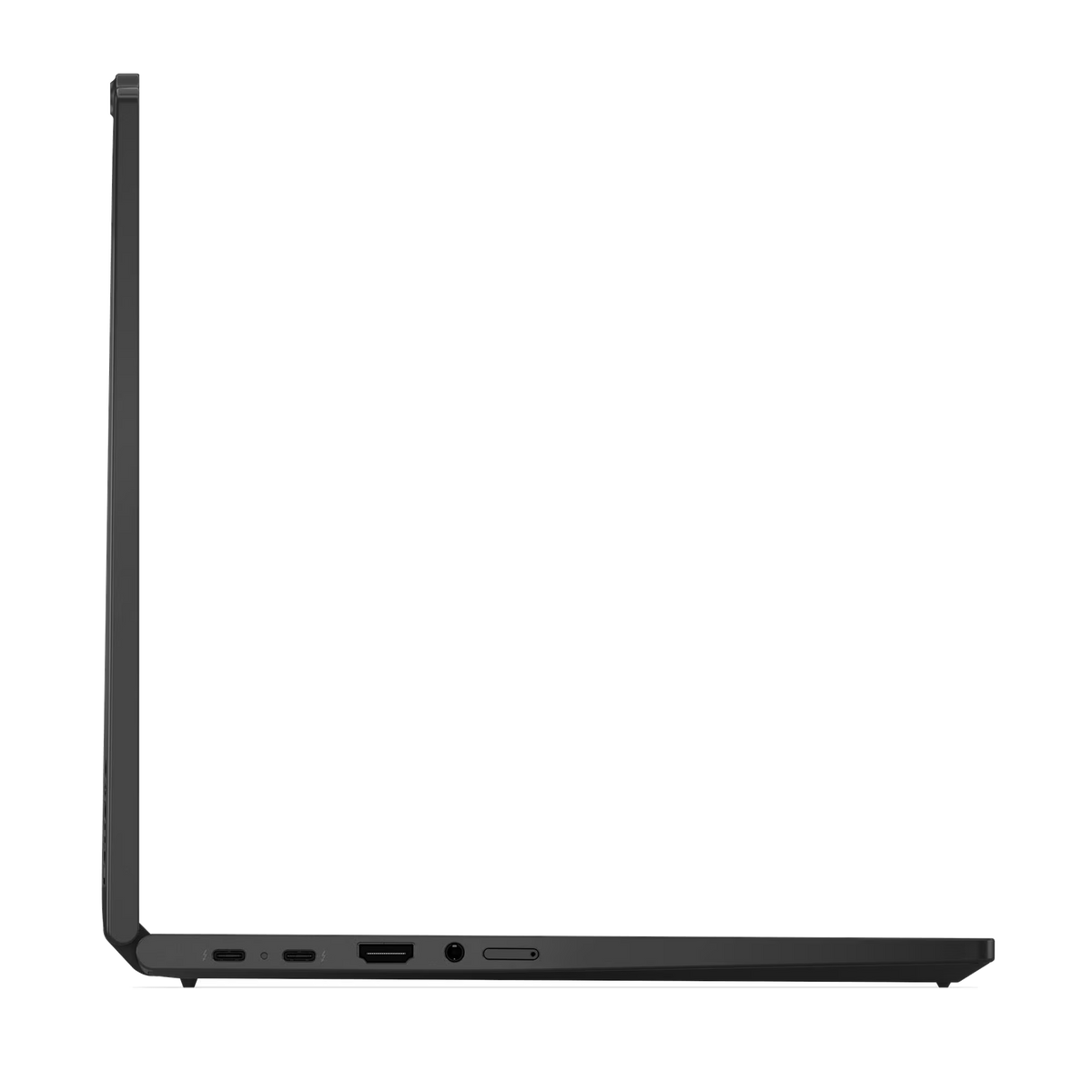 Vista lateral de una laptop gris oscuro. Puertos visibles: USB-C, HDMI y conector de audio. La pantalla está cerrada, y el fondo es negro.