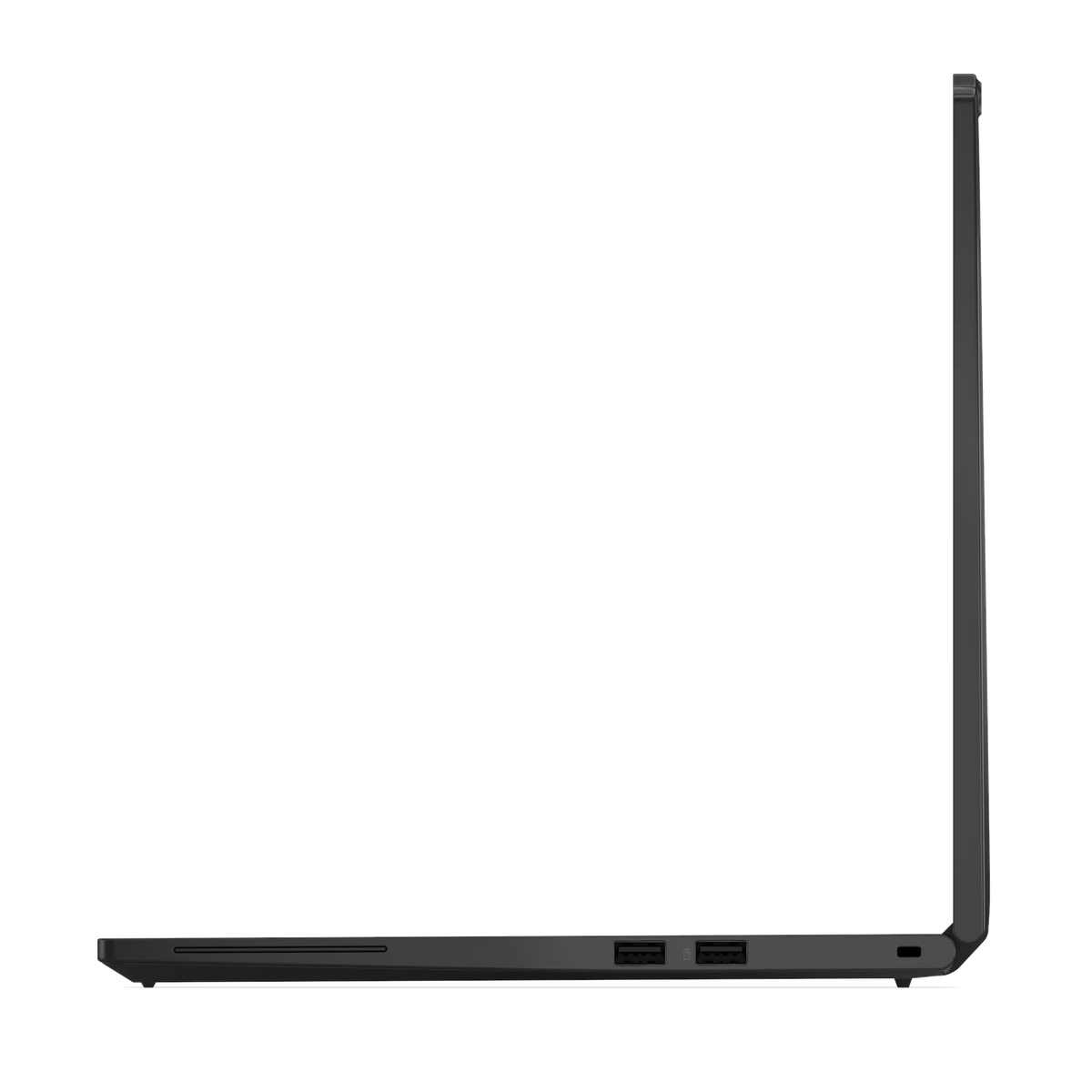 Vista lateral de un portátil gris oscuro cerrado. Los puertos visibles incluyen USB y otros conectores. La pantalla está cerrada y vertical.
