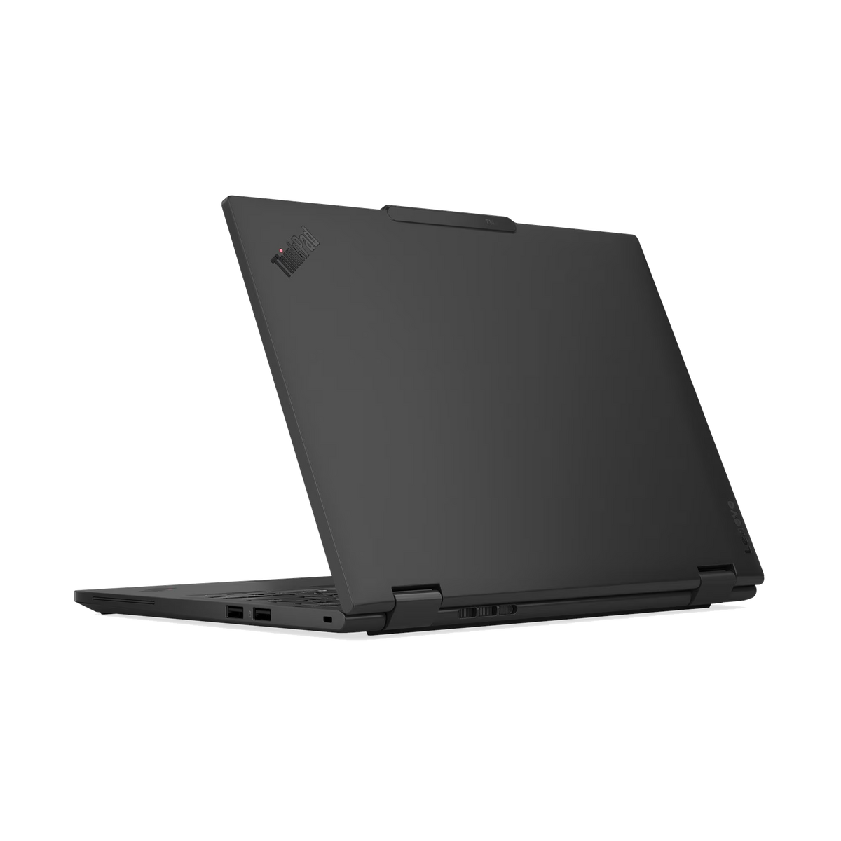 Una computadora portátil negra está abierta, mostrando la pantalla y el teclado. El logotipo de ThinkPad es visible. El fondo es negro.