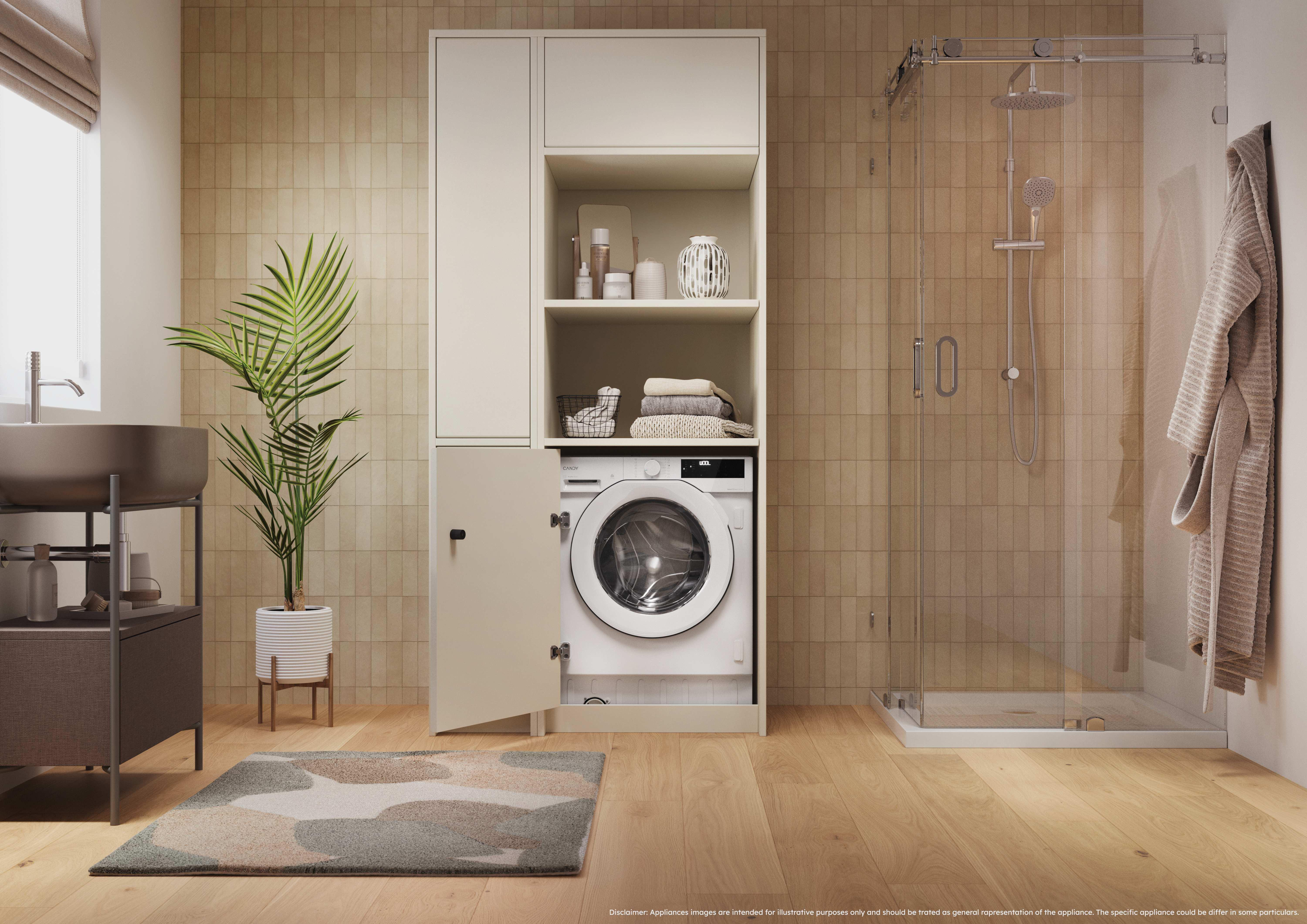 Baño con lavadora, ducha, lavabo y plantas. Los tonos neutros dominan el espacio.