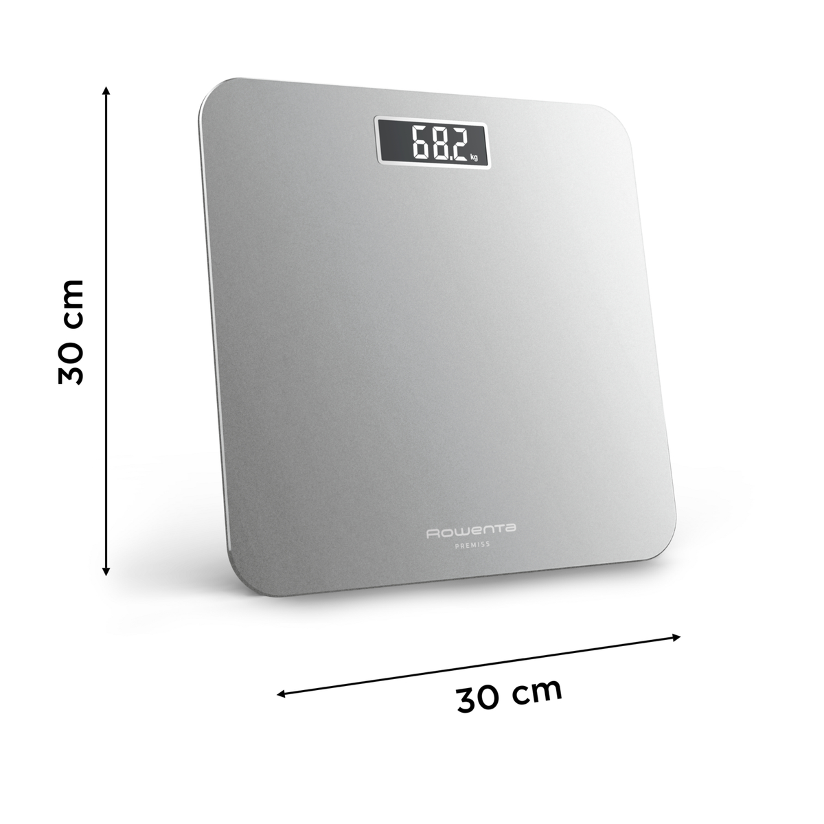 Una bilancia digitale argentata con display che mostra 68,2 kg. Misura 30x30 cm e presenta il marchio Rowenta Premiss.