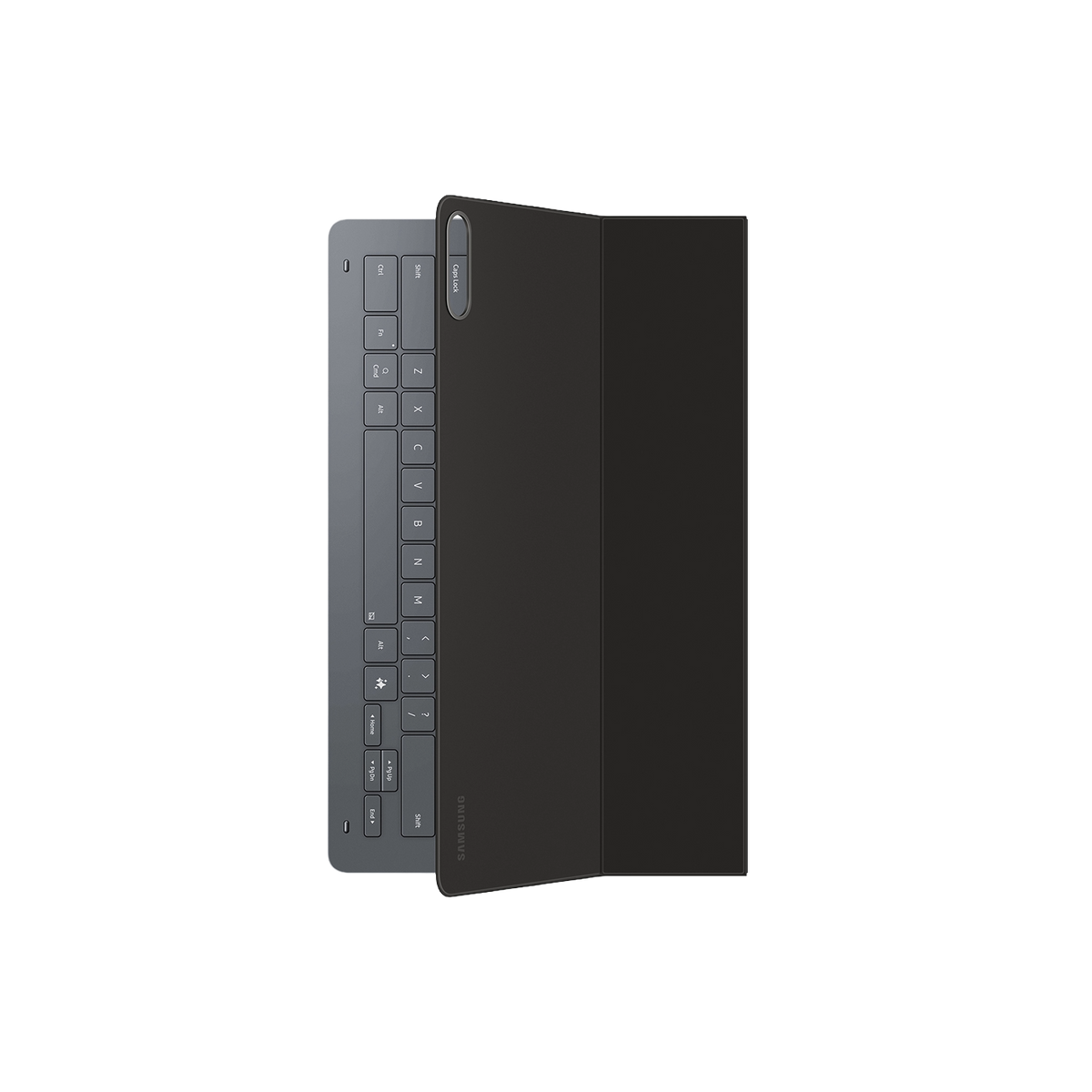 Una funda de teclado Samsung, teclas gris oscuro, cubierta negra parcialmente abierta, sobre fondo negro. La marca es visible.