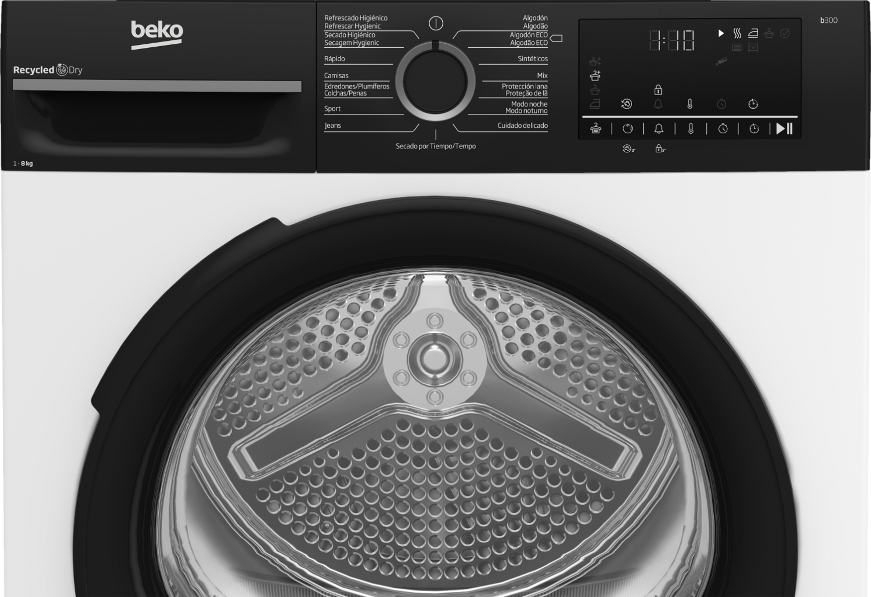 Un'asciugatrice Beko con pannello di controllo e porta rotonda. I programmi includono cotone, sintetici e jeans. Il display mostra l'ora.