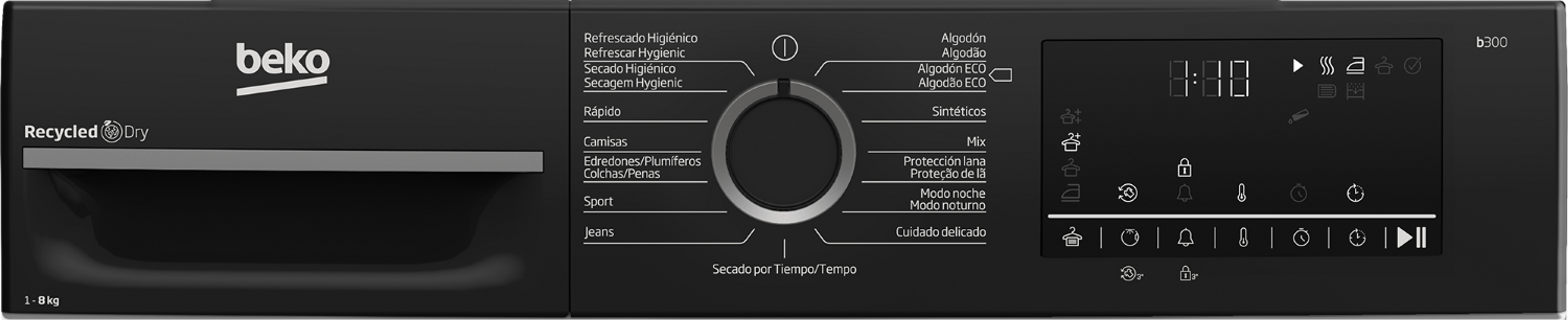 Pannello di controllo dell'asciugatrice Beko nero. Ha una manopola, un display digitale e vari pulsanti.