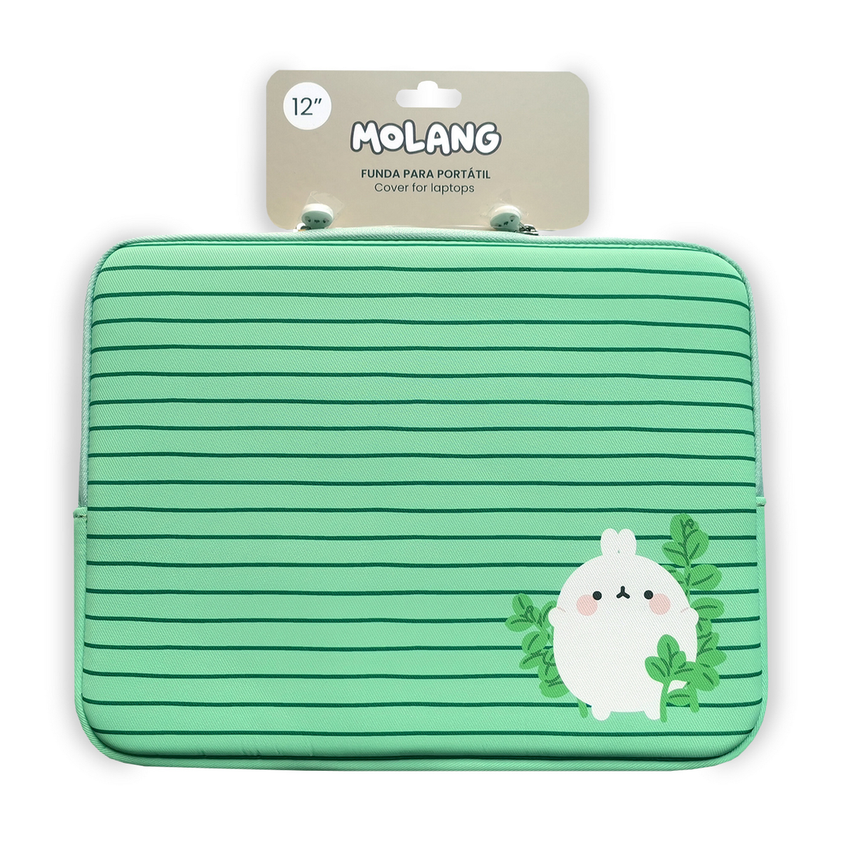 Una custodia verde per laptop con linee orizzontali. Presenta un personaggio Molang con trifogli. La confezione riporta 'MOLANG' e 'Cover for laptops'.