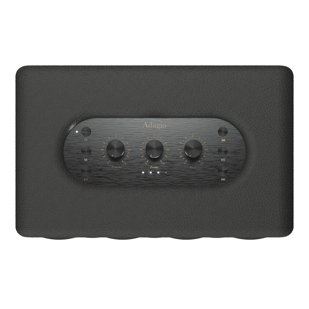 Un altavoz Adagio negro con controles de volumen, agudos y graves. Botones de reproducción e indicador de encendido visibles.