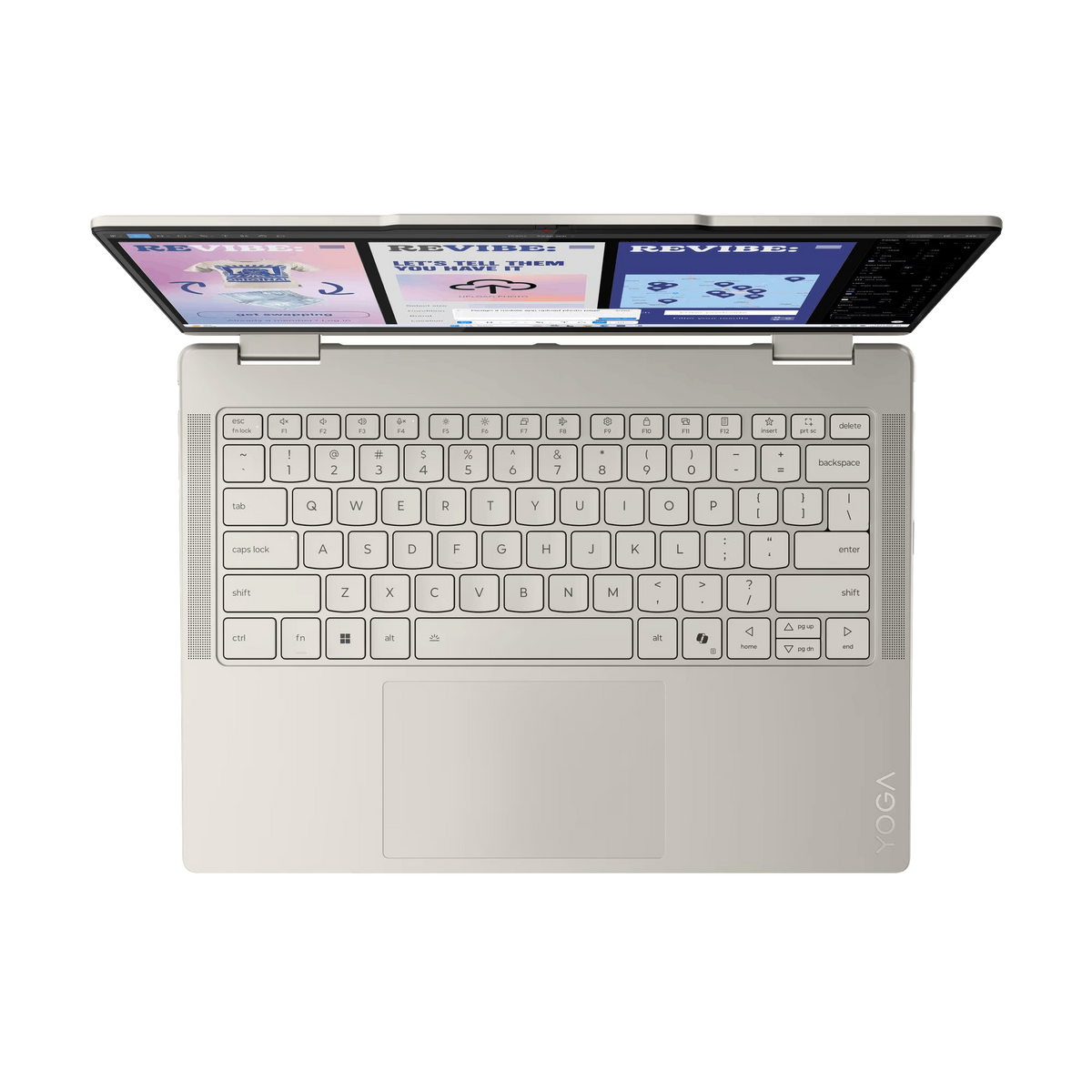 Laptop con schermo aperto che mostra un sito web. Tastiera visibile. Colore beige. Il marchio è YOGA. Sfondo nero.