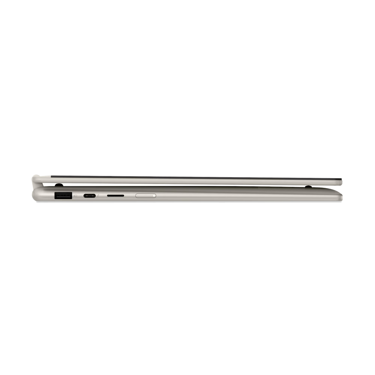 Vista laterale di un laptop argentato chiuso. Porte visibili: USB, USB-C e jack per cuffie. Sfondo scuro.