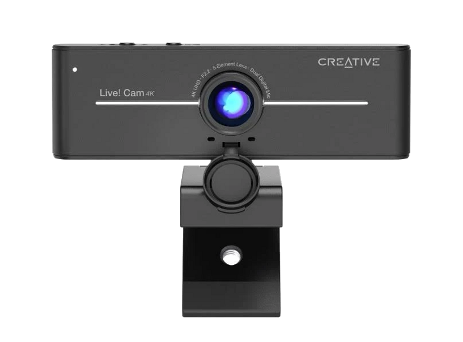 Una webcam nera Creative Live! Cam 4K. Ha un obiettivo, un supporto e la scritta CREATIVE in alto.
