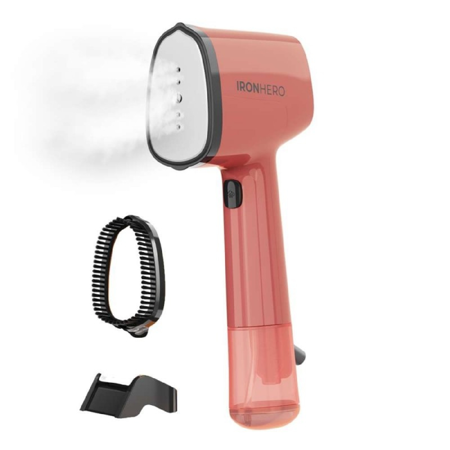 Un vaporizzatore per indumenti Ironhero rosa con accessori: spazzola e pezzo di plastica nero. Esce vapore.