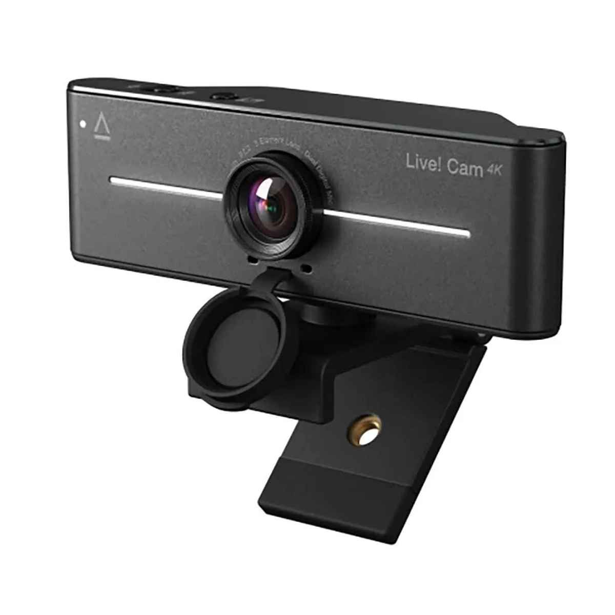 Una webcam Live! Cam 4K nera con copriobiettivo. È montata su un supporto nero regolabile. Lo sfondo è bianco.