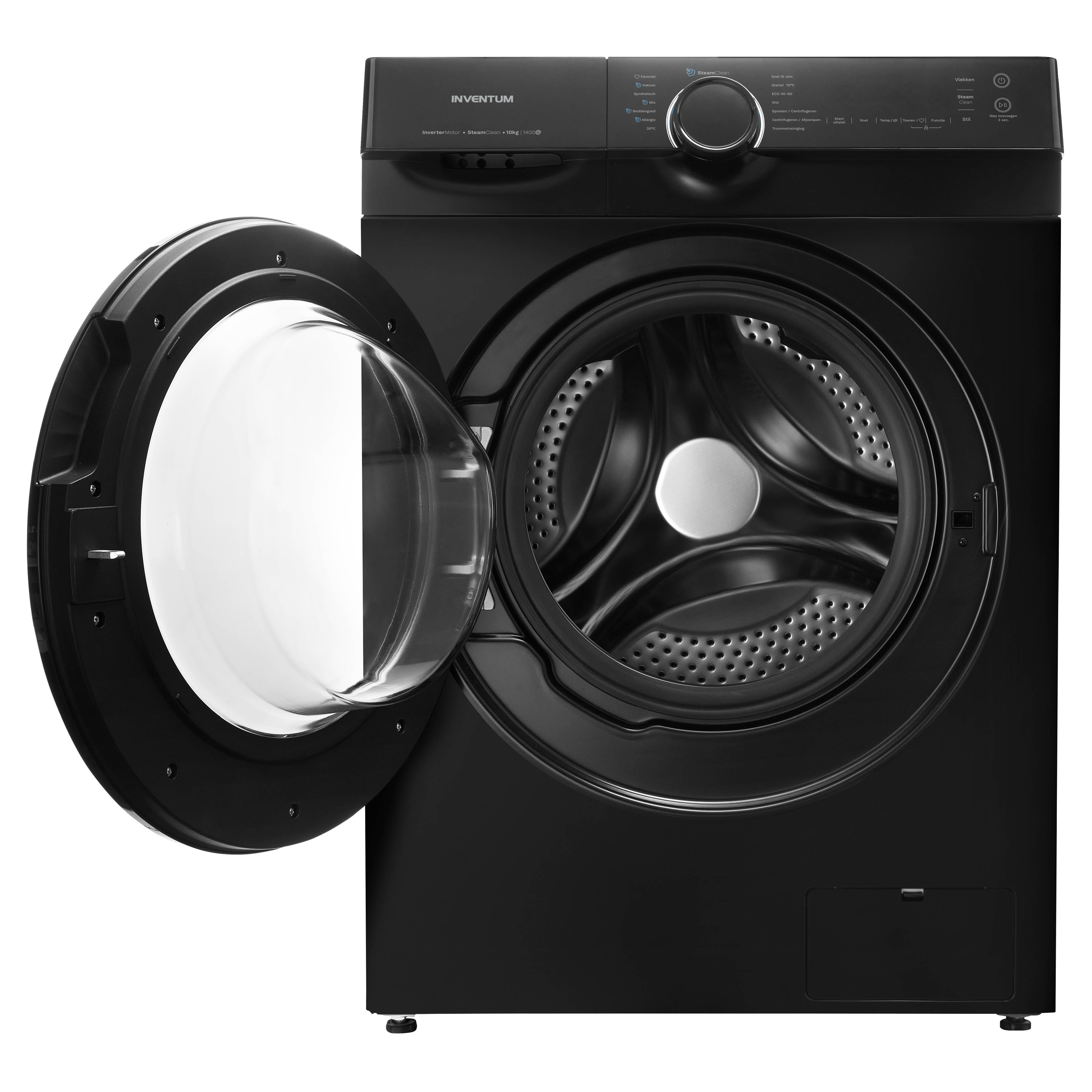 A black washing machine with an open door. The drum is visible. The control panel is on top.