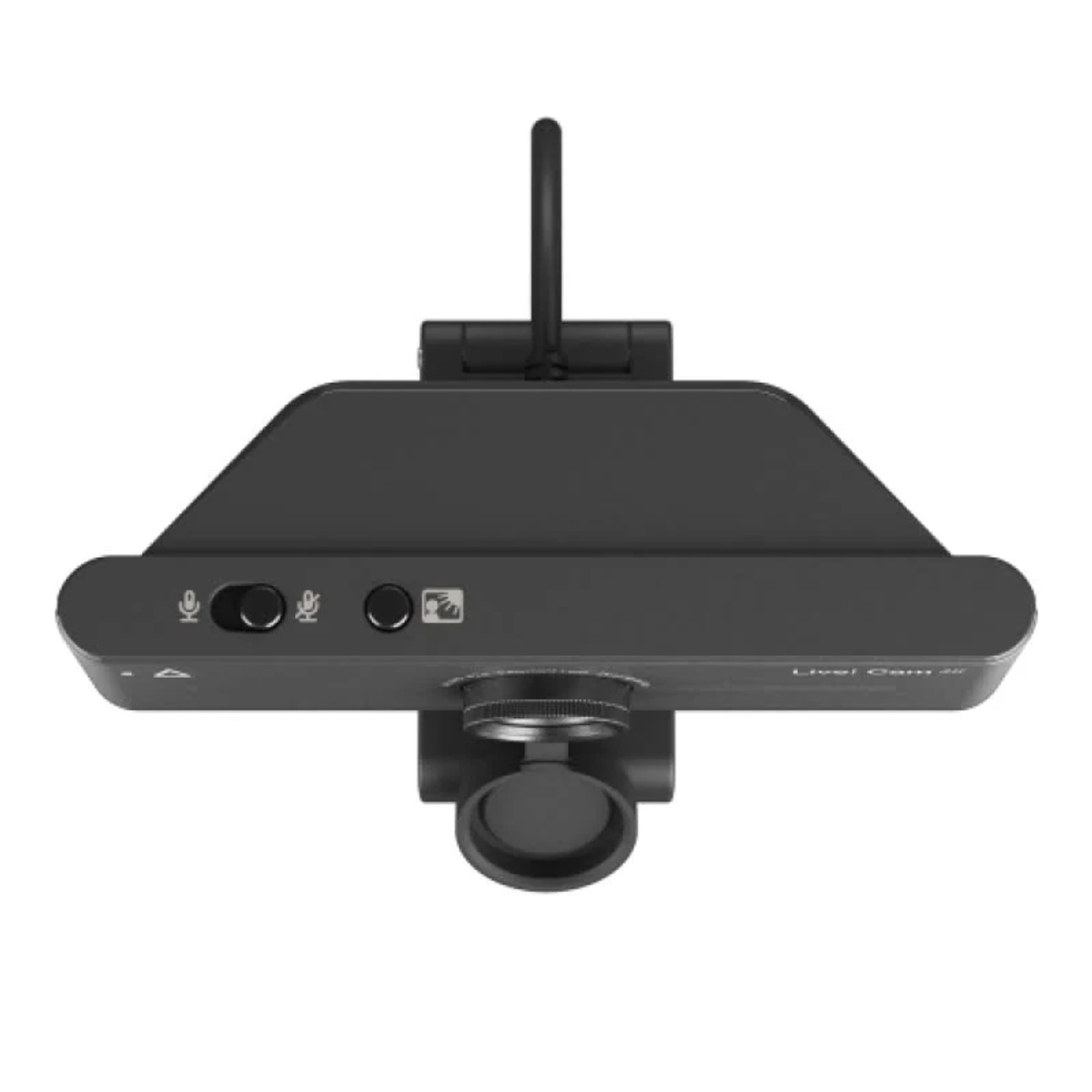 Una dashcam nera con obiettivo, pulsanti e simbolo del microfono. Ha un supporto integrato. Il dispositivo è su sfondo bianco.
