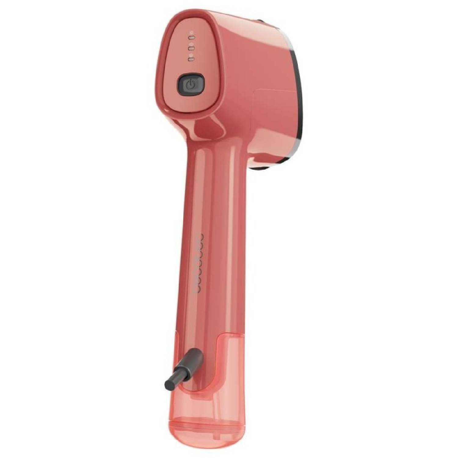 Un vaporizzatore per indumenti portatile color corallo. È dotato di un pulsante di accensione, spie e un serbatoio dell'acqua trasparente.