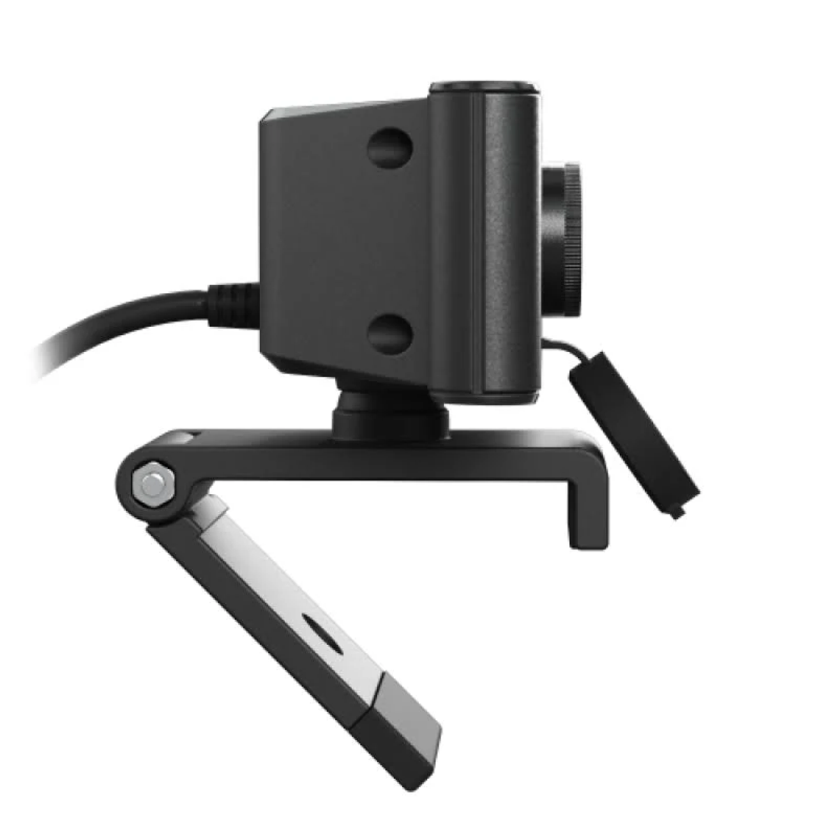 Una webcam nera con microfono integrato è mostrata. Si trova su un supporto con una gamba regolabile e un cavo nero.