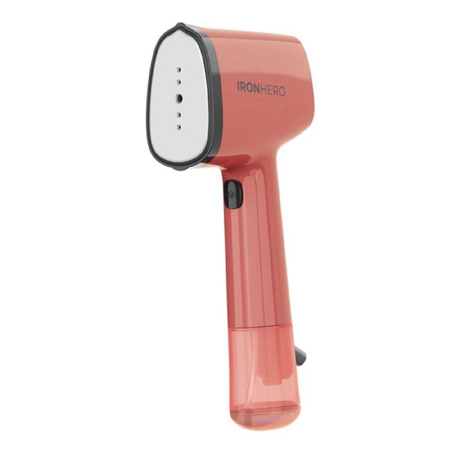 Un vaporizzatore a mano color corallo con il marchio Ironhero. Ha una testa bianca con fori per il vapore e un serbatoio dell'acqua trasparente.