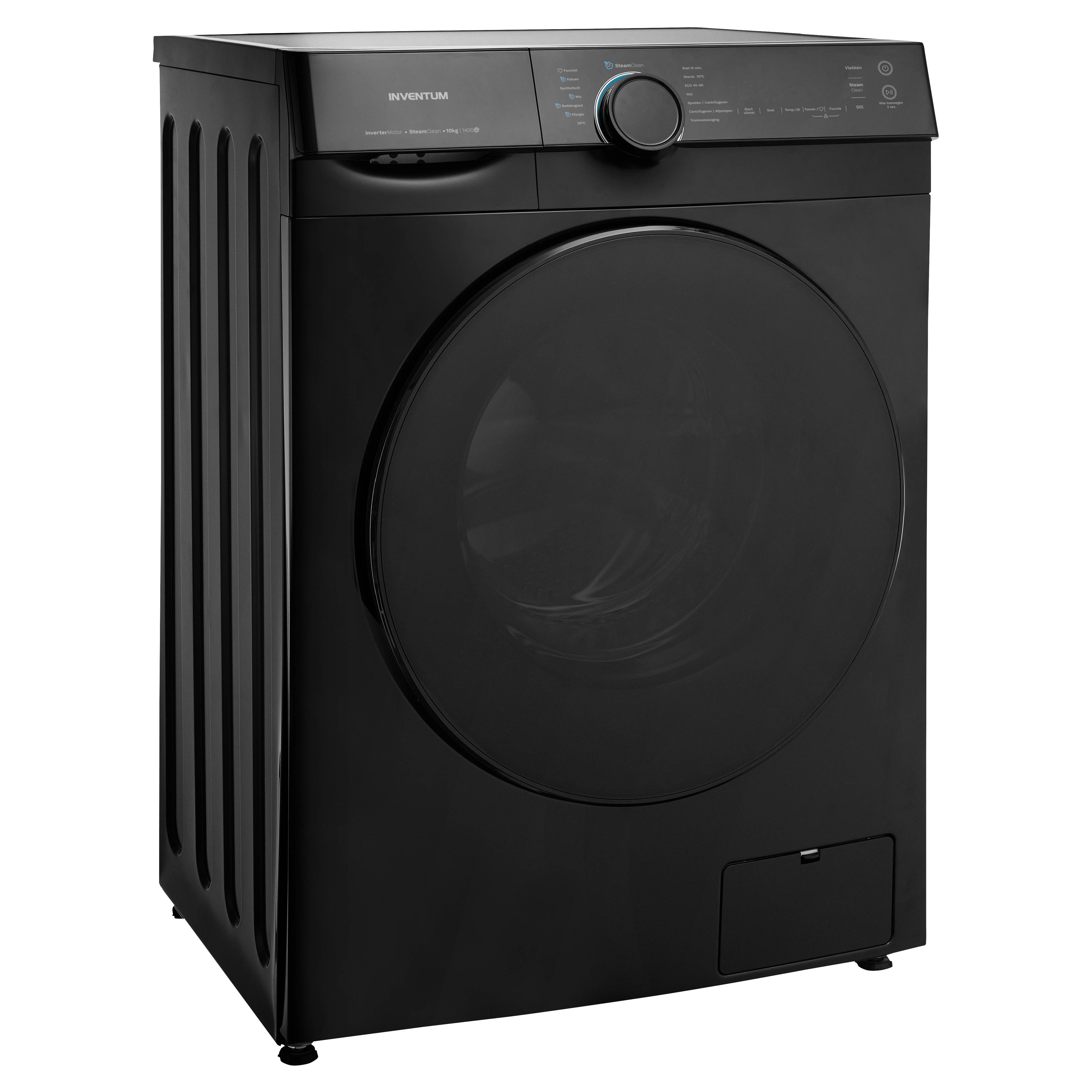 Black Inventum washing machine, front view. Features a round door, control panel, and side panels with vertical lines.