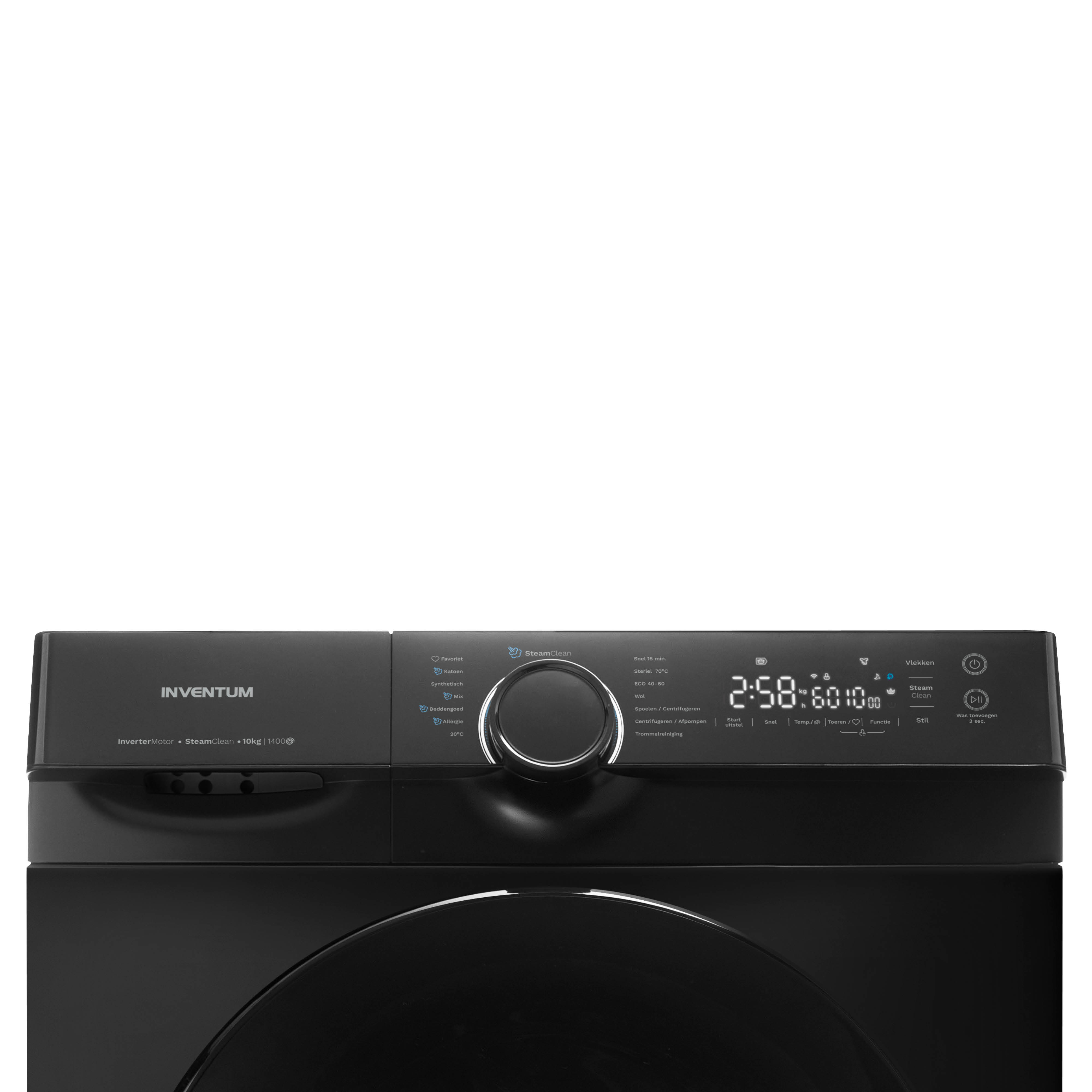 A black washing machine with a digital display. It has buttons for various washing cycles and a dial.