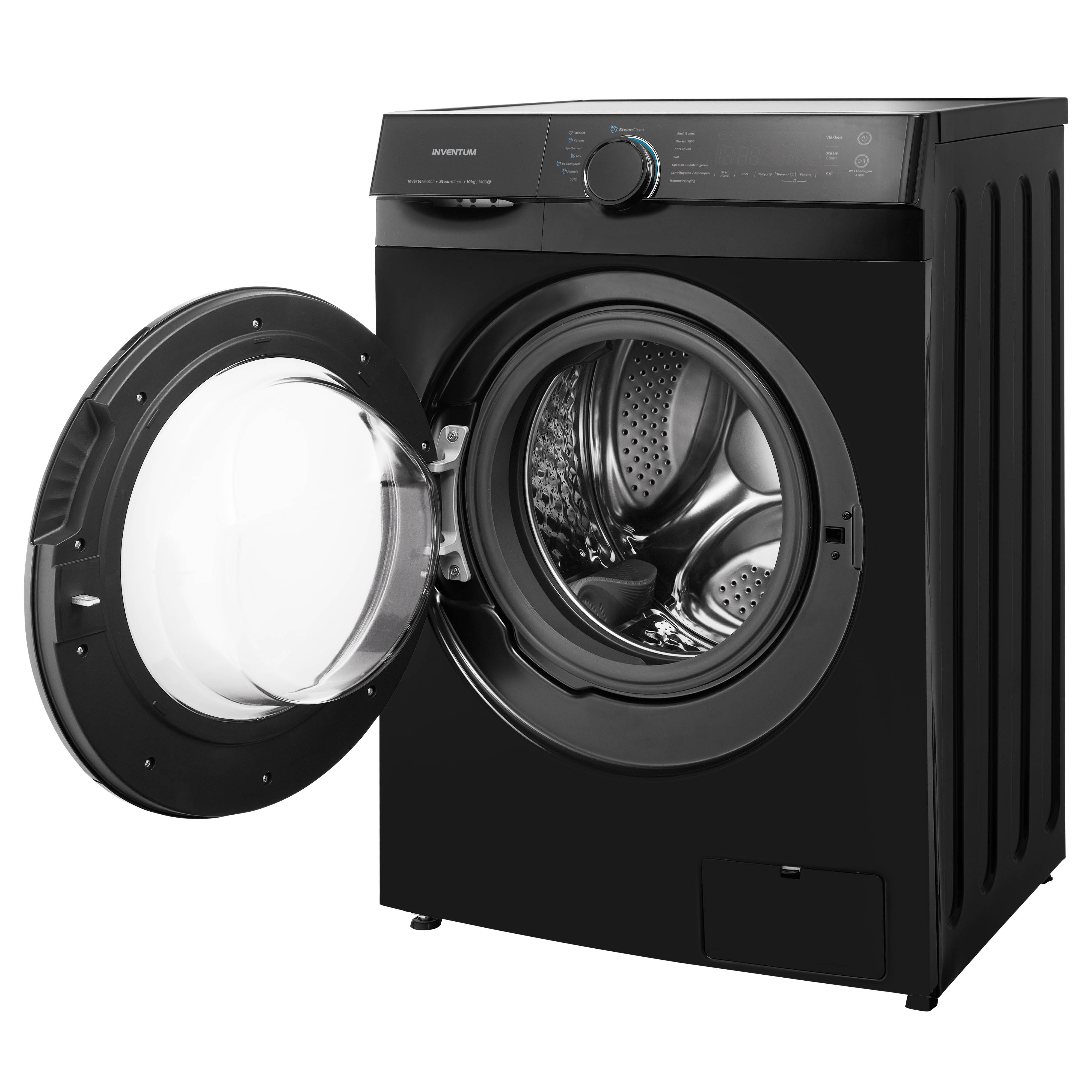 Black washing machine with open door. Control panel shows program options. The brand is Inventum.