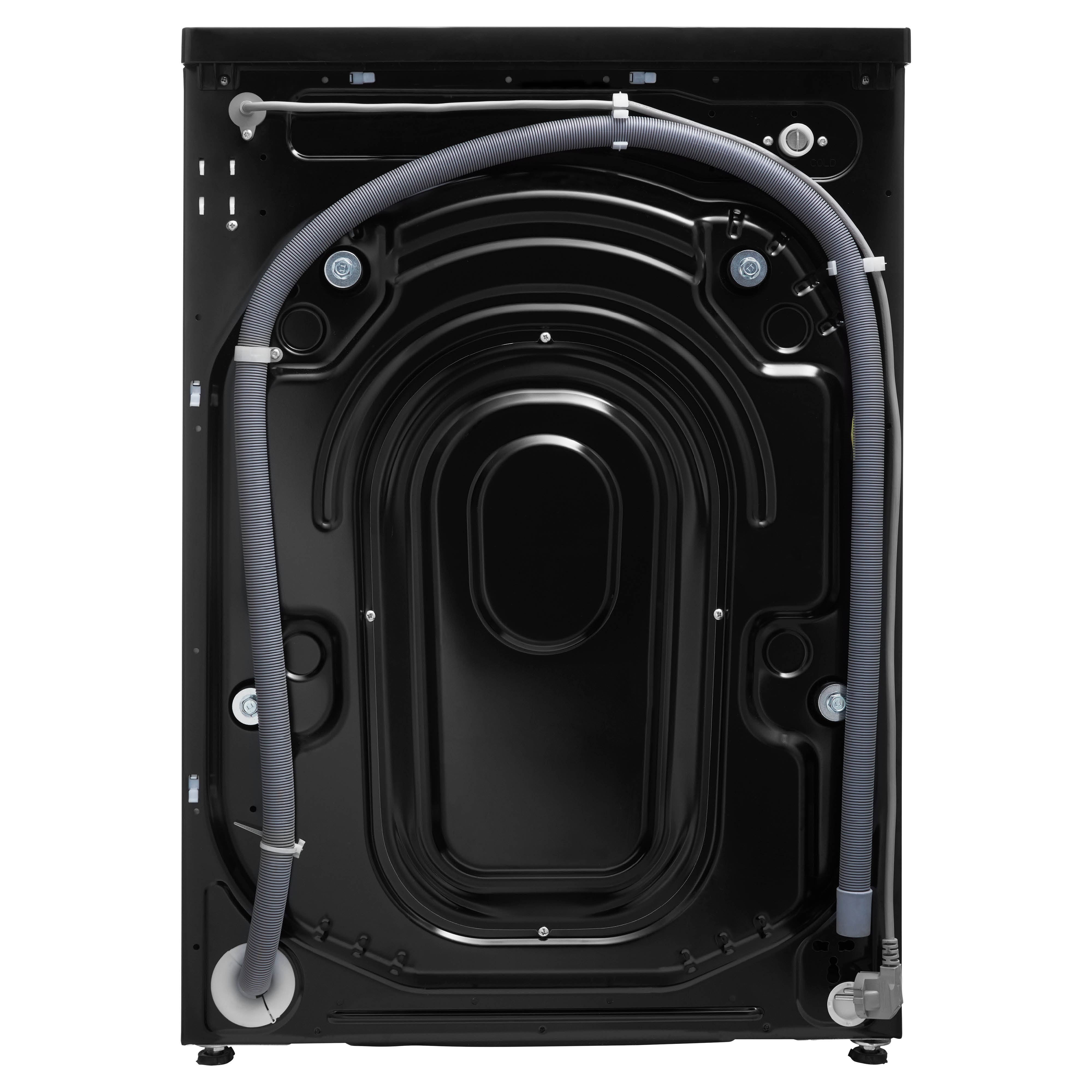 Back of a black washing machine with hoses and electrical components visible. White background.