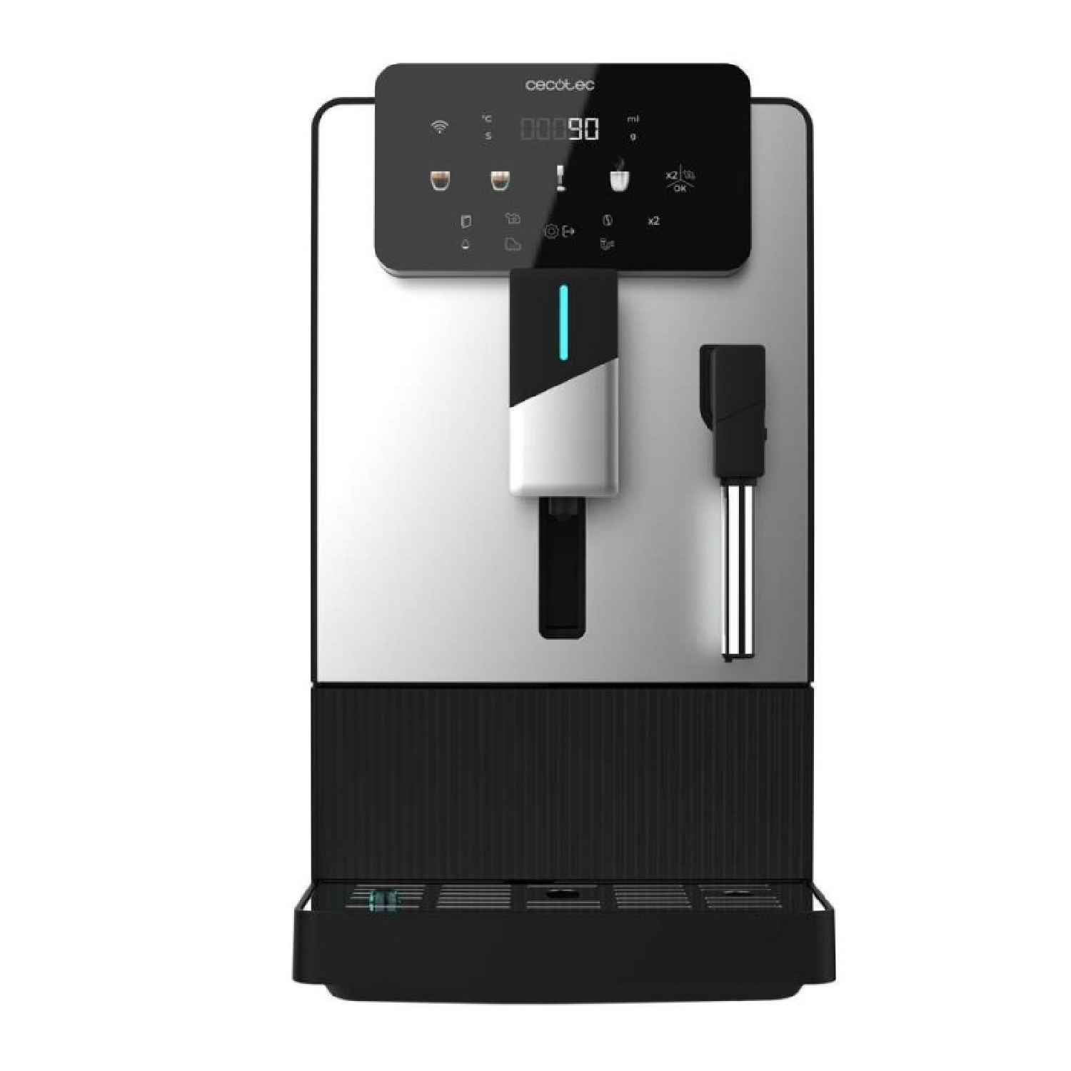 Una macchina da caffè Cecotec argento e nera. Ha un display digitale, un montalatte e un contenitore dell'acqua.