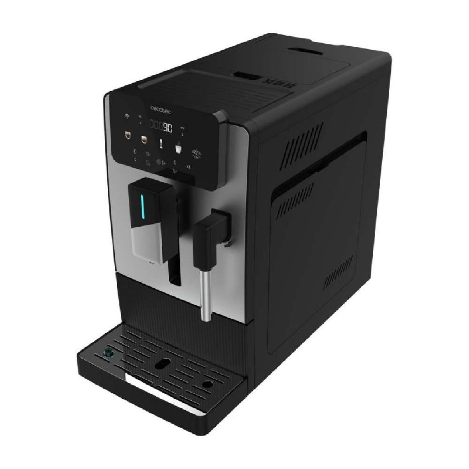 Una macchina da caffè Cecotec nera e argento. Ha un display digitale, un beccuccio per l'acqua e un vassoio raccogli gocce. La macchina è su sfondo bianco.