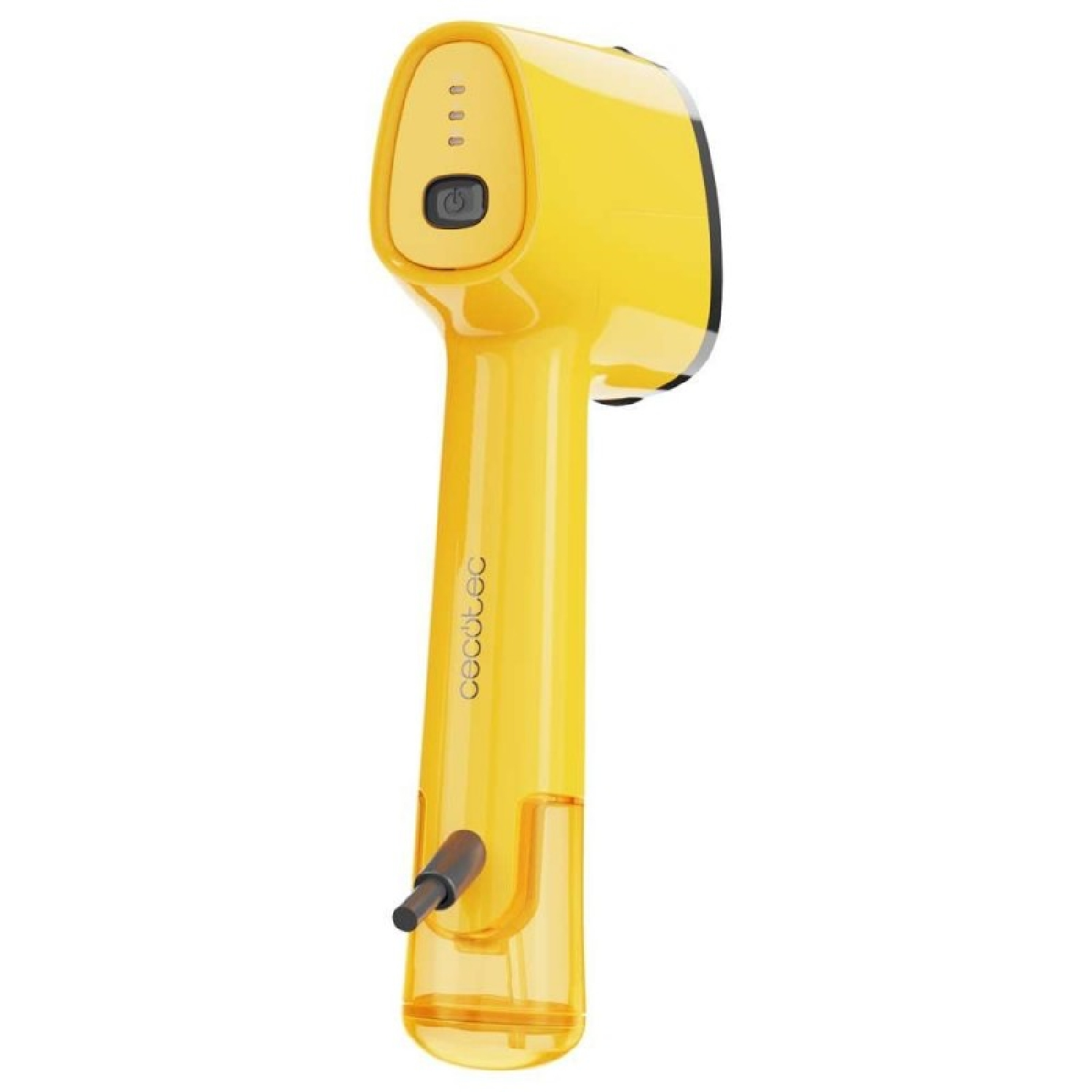 A yellow handheld steamer. It has a power button and indicator lights. The handle has the brand name. A water tank is at the bottom.