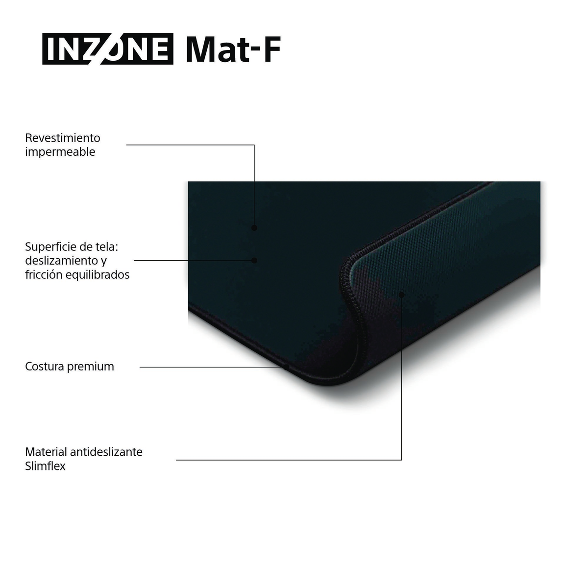 Un tapis de souris INZONE Mat-F noir est présenté. Les caractéristiques incluent un revêtement imperméable, une friction équilibrée, des coutures premium et un matériau antidérapant Slimflex.