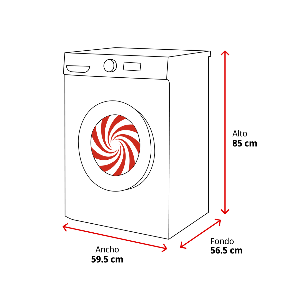 Una lavatrice bianca con un disegno a vortice rosso e bianco sulla porta. Dimensioni: 85 cm di altezza, 59,5 cm di larghezza e 56,5 cm di profondità.