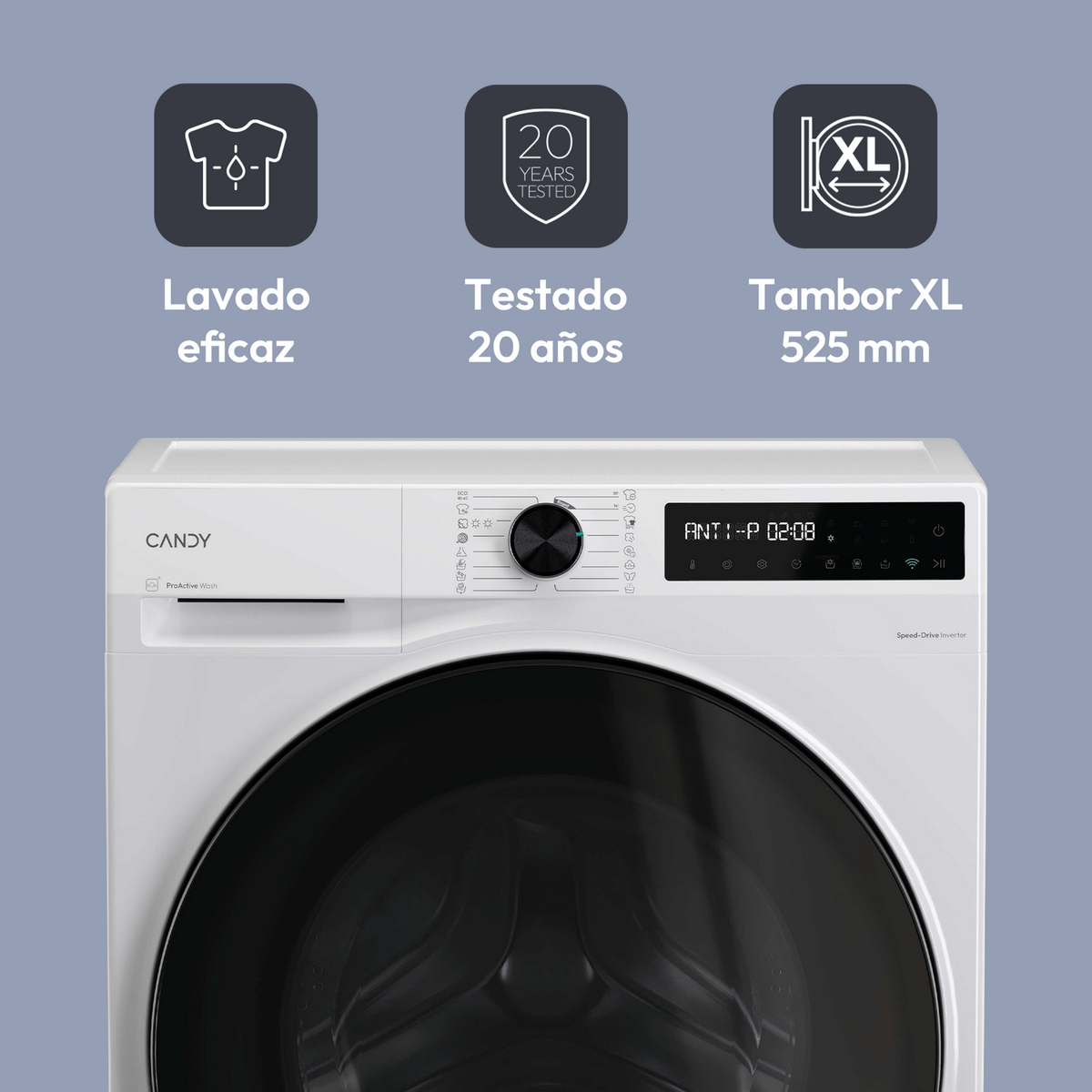 Biała pralka Candy z tekstem: Lavado eficaz, Testado 20 años i Tambor XL 525 mm. Na ekranie widnieje ANTI:-P 02:08.