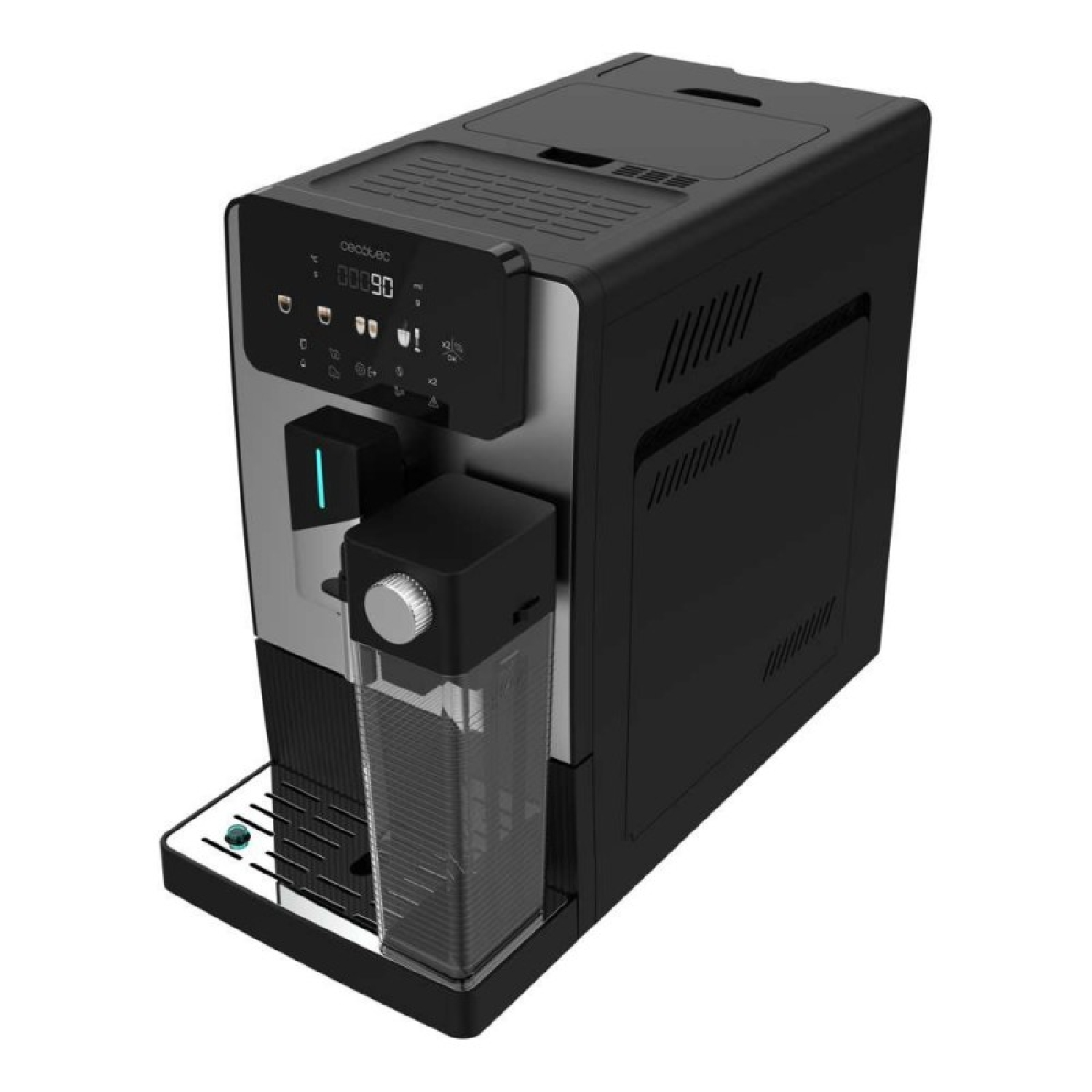 Una macchina da caffè Cecotec nera e argento. Ha un display digitale, un serbatoio dell'acqua e un vassoio raccogli gocce. Il design è moderno ed elegante.