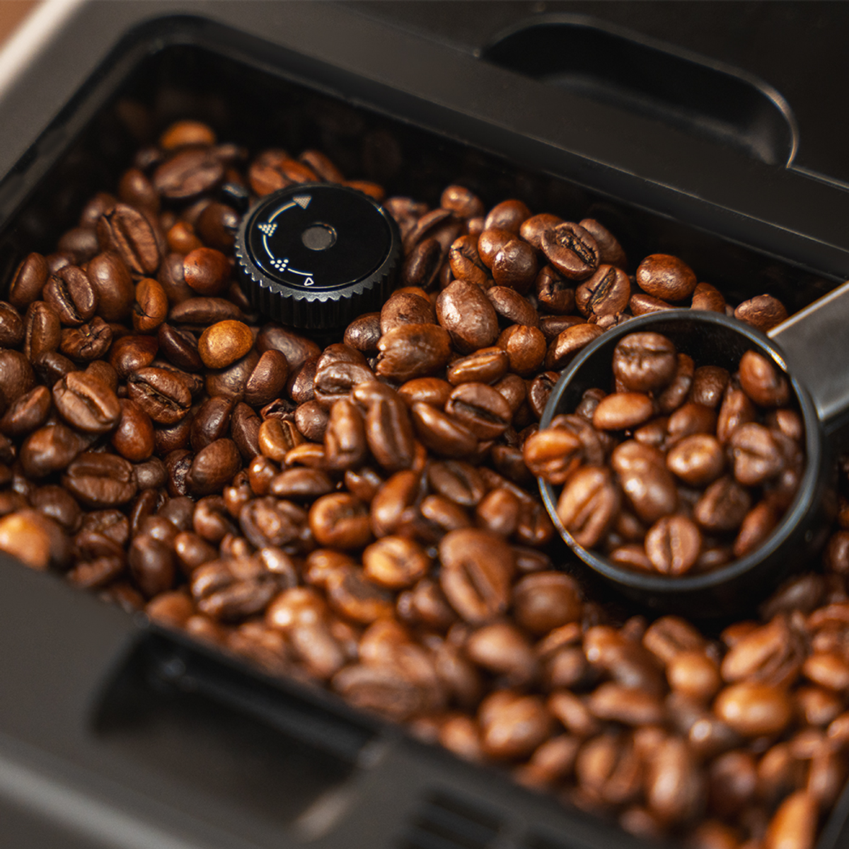 Primo piano di chicchi di caffè in un macinacaffè. Una paletta nera contiene i chicchi. Un quadrante nero è in cima. Chicchi marrone scuro riempiono il contenitore.