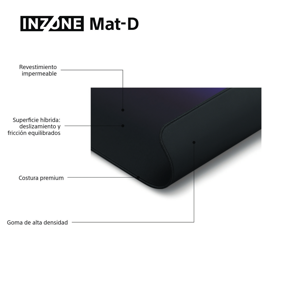 Tapis de souris noir INZONE Mat-D avec étiquettes de texte. Caractéristiques : revêtement imperméable, surface hybride, couture premium et caoutchouc haute densité.