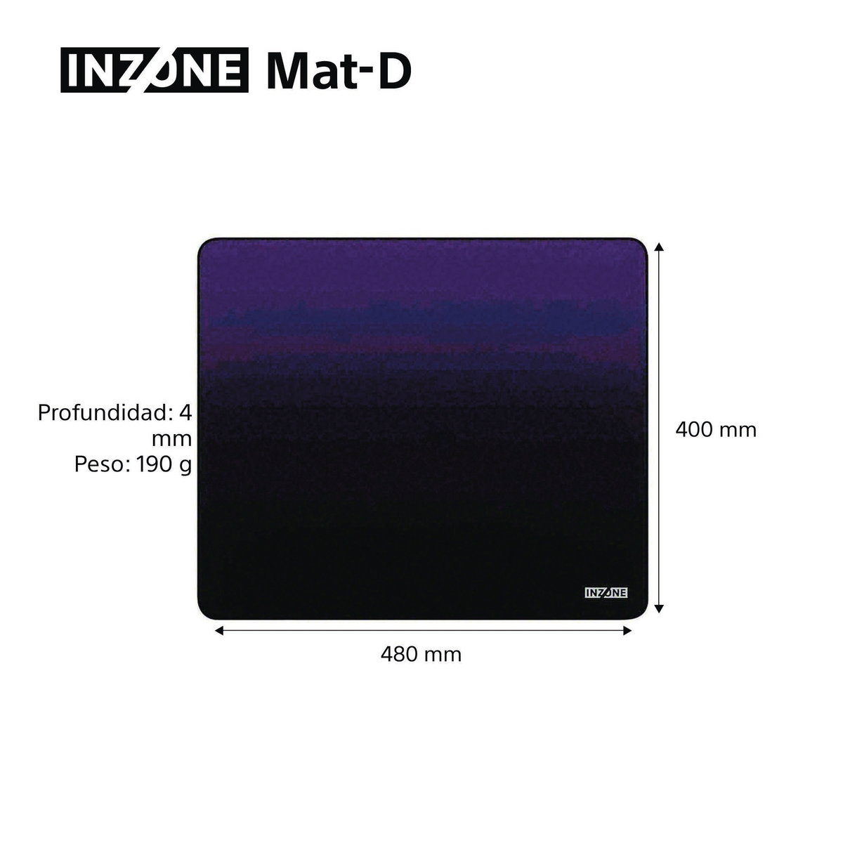 Un tapis de souris INZONE Mat-D noir et violet avec dimensions. Le texte en haut dit 'INZONE Mat-D'.