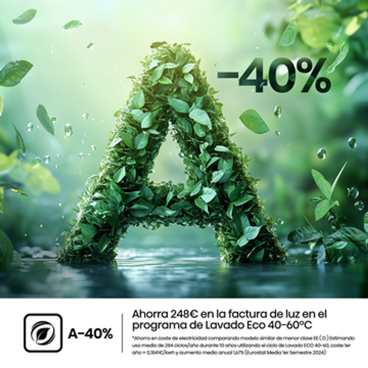 Un logotipo en forma de A hecho de hojas verdes con -40%. Gotas de agua y otras hojas esparcidas. Texto en la parte inferior.
