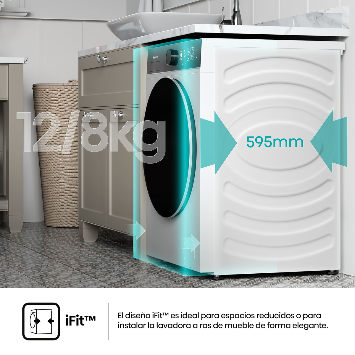 Se muestra una lavadora, con detalles de tamaño y el logo iFit. Está en un baño. La máquina es blanca, con una puerta negra.
