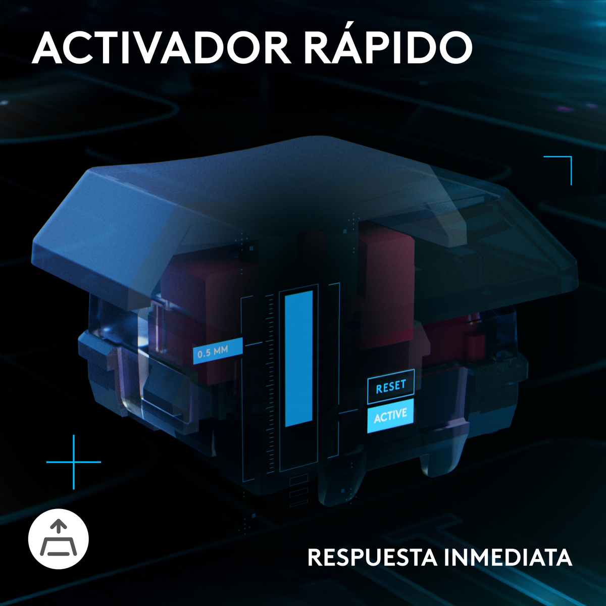 Primer plano de un interruptor de teclado. El interruptor es azul y transparente, con componentes internos rojos. Texto: Activador Rápido, Respuesta Inmediata.