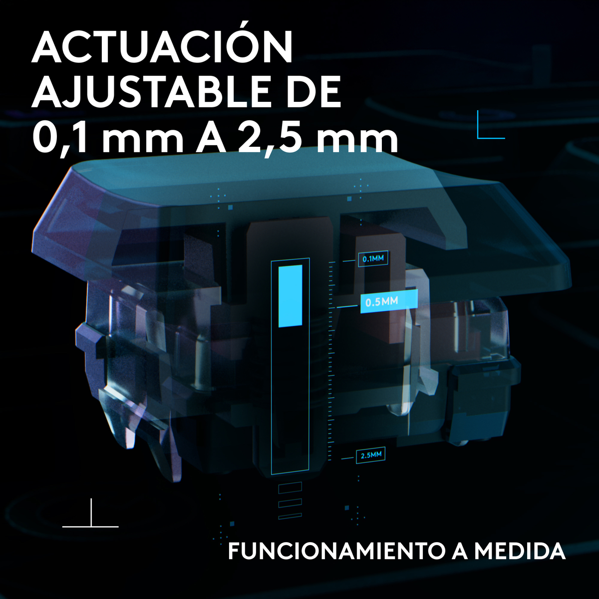 Imagen de mecanismo interno de tecla de teclado. Texto indica actuación ajustable de 0,1 mm a 2,5 mm. Colores azul y negro.