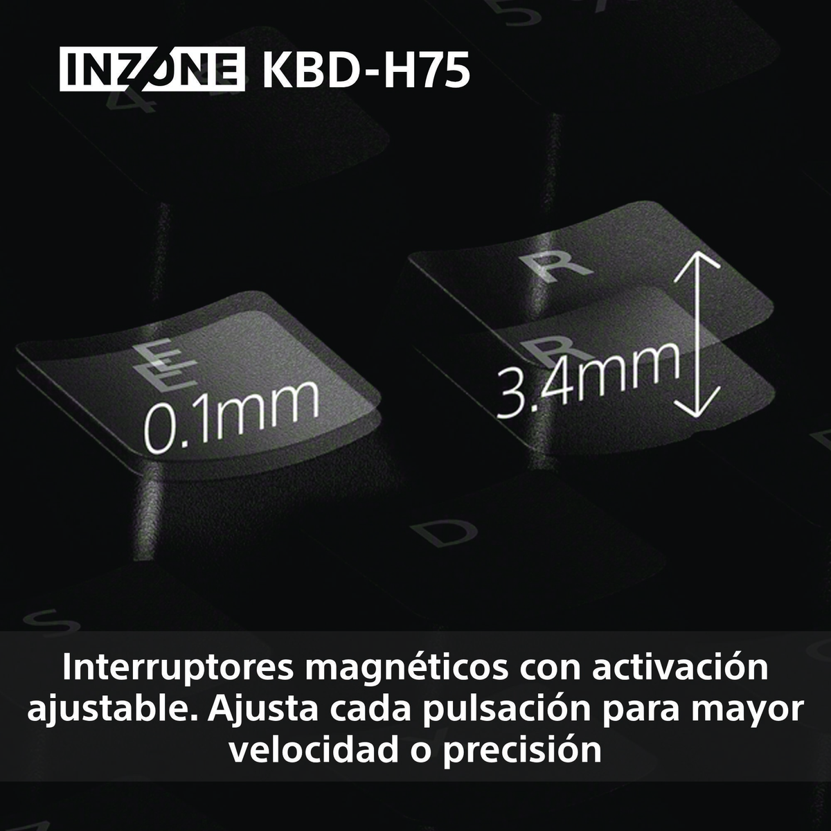 Nahaufnahme von Tastaturtasten mit Text: 0,1 mm und 3,4 mm. Text oben: INZONE KBD-H75. Text unten: Magnetschalter.