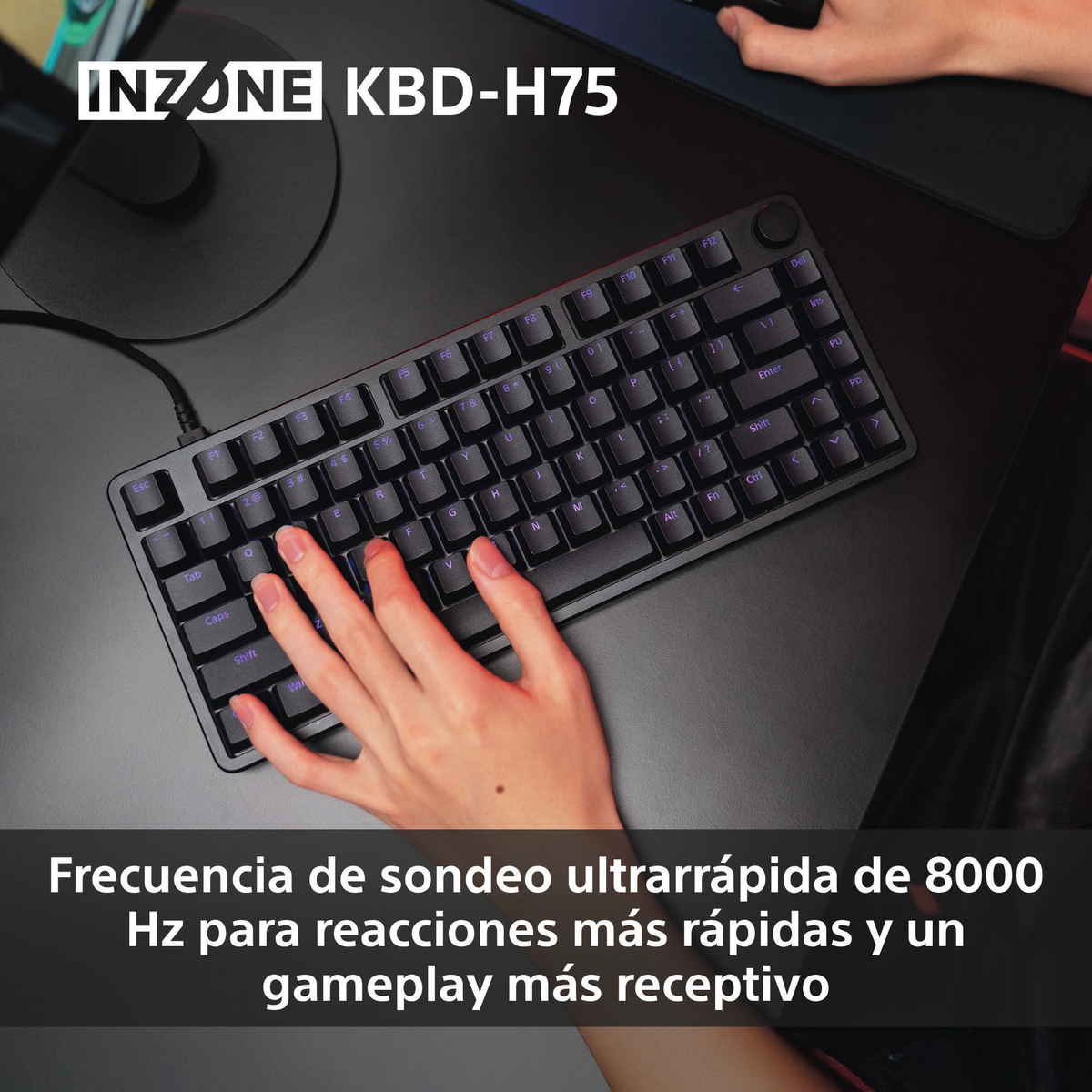 Eine schwarze INZONE KBD-H75-Tastatur liegt auf einem schwarzen Schreibtisch. Eine Hand tippt auf der Tastatur. Text unten: ultraschnelle 8000 Hz.